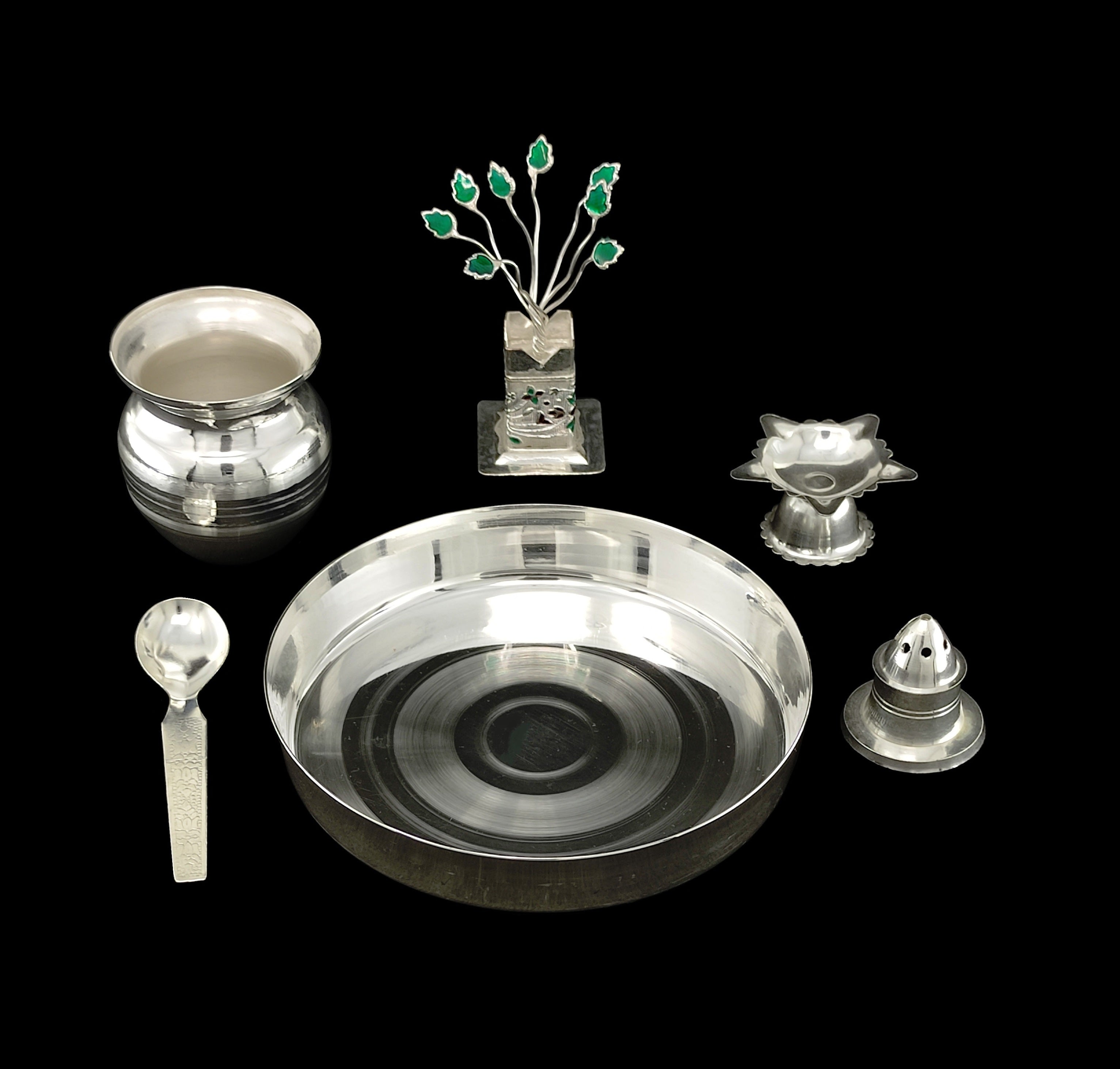 BENGALEN Silver Plated Pooja Thali Set 5 Inch Plate Agarbatti Stand Kalash Spoon Diya Tulsi Idol Premium Puja Decorative for Home Office Wedding Return Gift Items