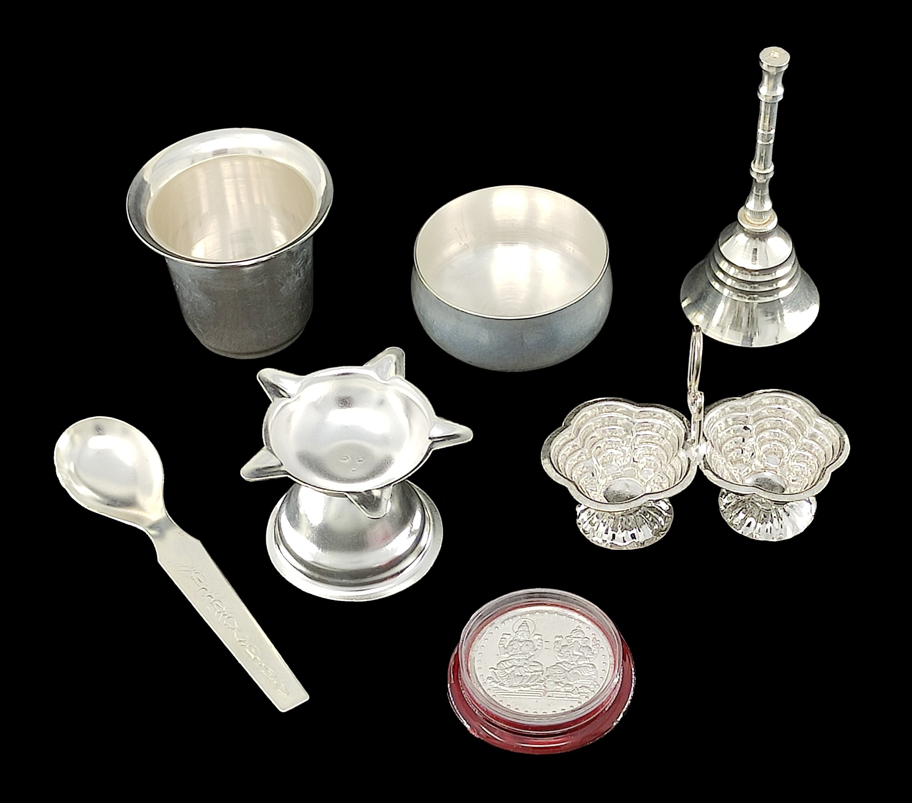 BENGALEN Silver Plated Pooja thali Set 7 Inch Plate Kumkum Holder Diya Glass Ganesh Lakshmi Coin Bowl Spoon Ghanti Festival Ethnic Puja Thali Items for Diwali Daily Home Temple Office Wedding Return Gift Items