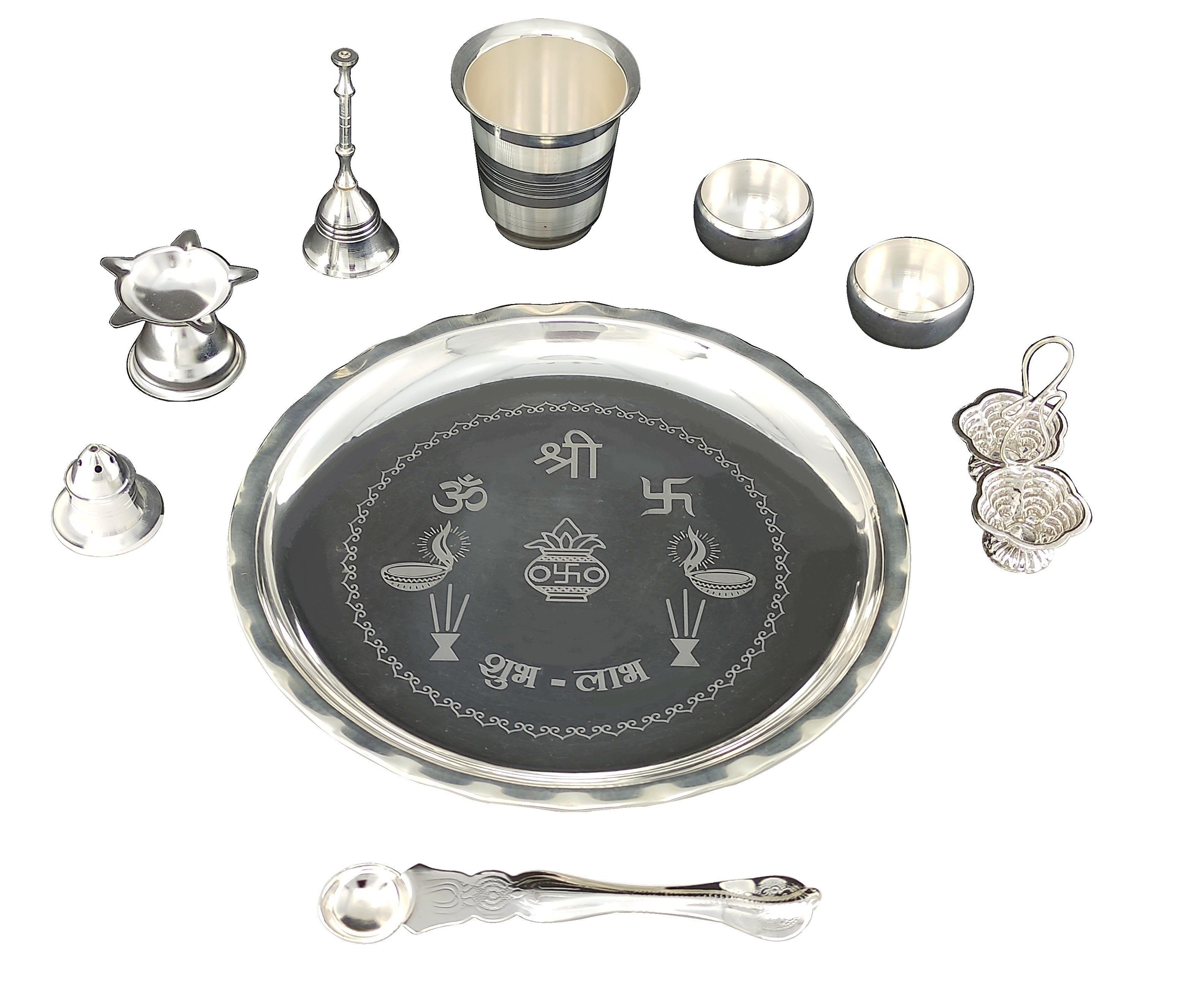 Bengalen Silver Plated Pooja thali Set 8 Inch with Plate Bowl Glass Palli Diya Ghanti Kumkum Stand Dhup Dan Puja Thali for Diwali Home Office Mandir Wedding Return Gift Items