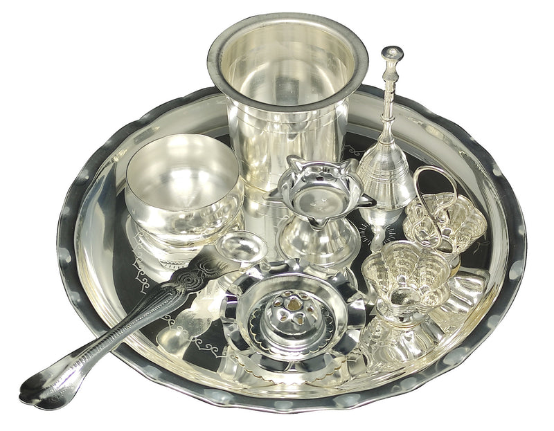 Bengalen Silver Plated Pooja thali Set 08 Inch Festival Ethnic Puja Thali Items for Home, Office, Mandir, Weeding Gift