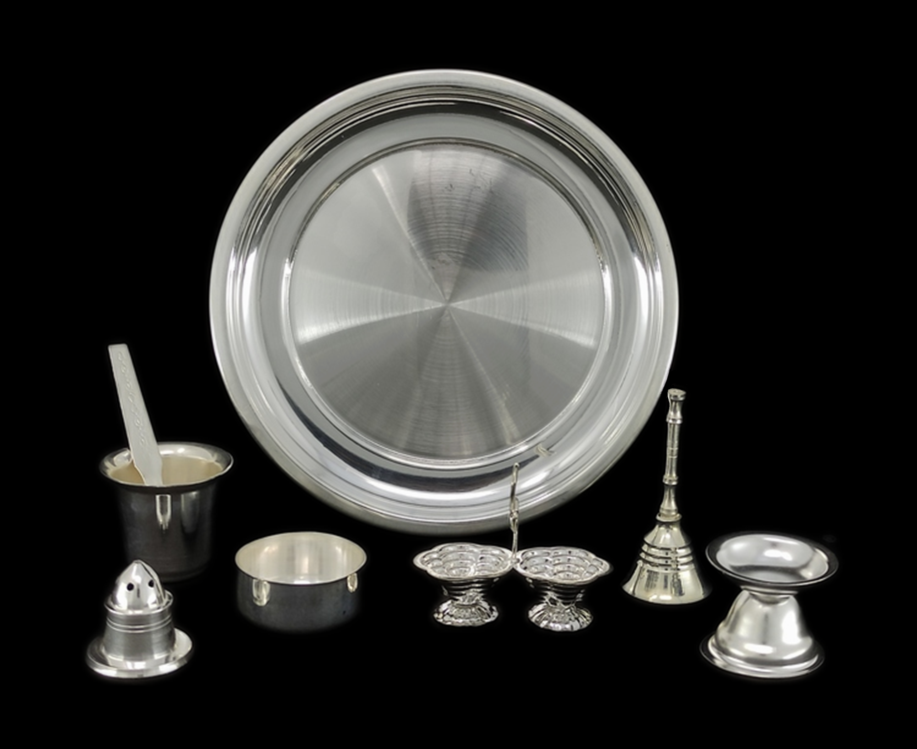 BENGALEN Silver Plated Pooja thali Set 7 Inch Plate Glash Spoon Diya Kumkum Stand Bowl Agarbatti Stand Daily Puja Thali for Diwali, Home, Temple, Office, Wedding Return Gift Items