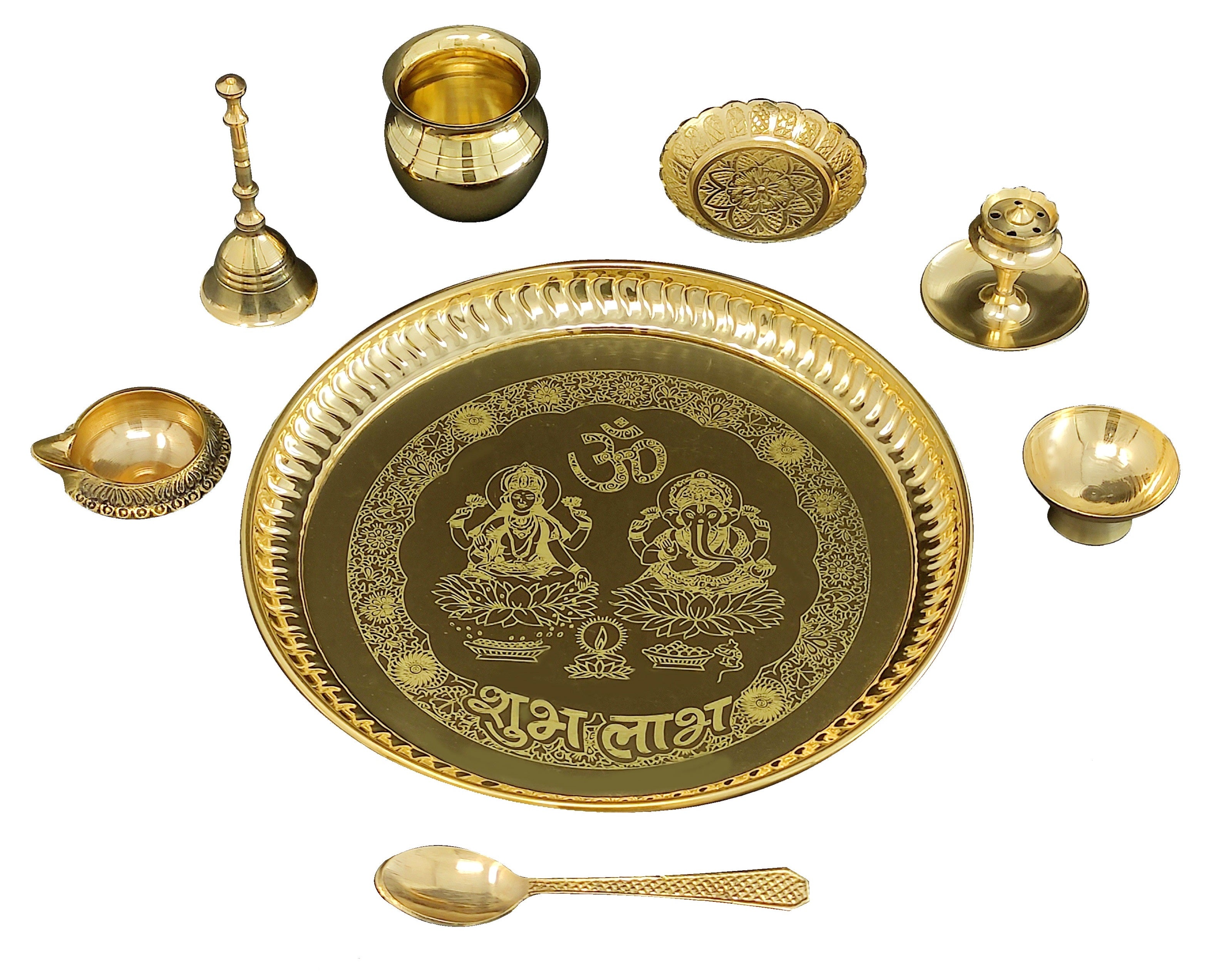 Bengalen Brass Pooja thali Set 8 Inch with Pital Plate Dhup Dan Kalash Spoon Ghanti Bowl Kuber Diya Kangura Plate Puja Thali for Diwali Home Mandir Office Wedding Return Gift Items