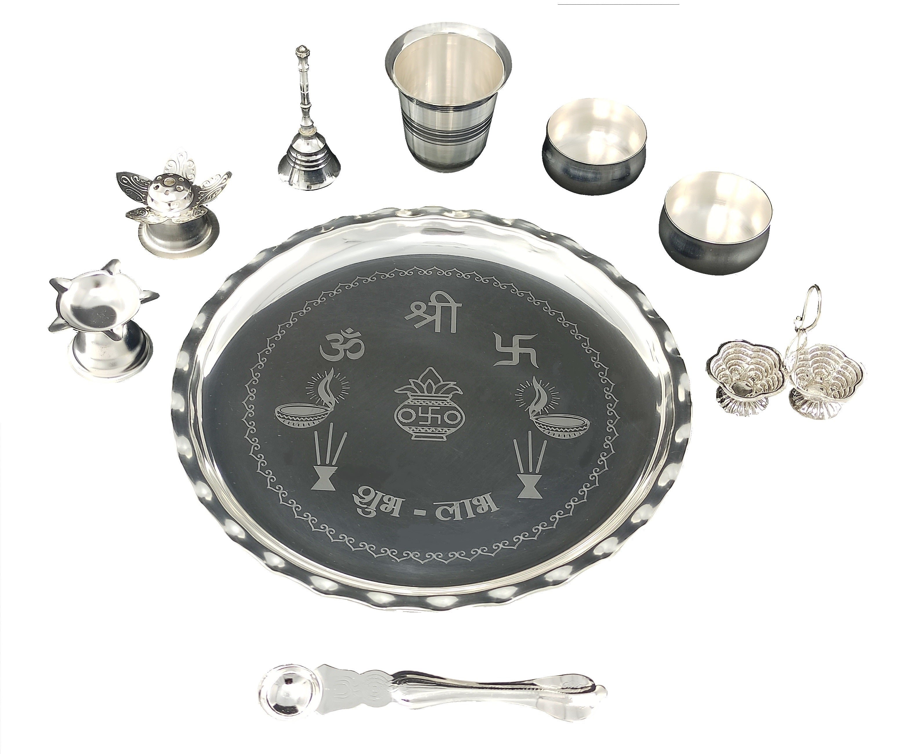 Bengalen Silver Plated Pooja thali Set 9.5 Inch with Plate Palli Haldi Kumkum Stand Diya Glass Bowl Dhup Dan Ghanti Puja Thali for Home Mandir Office Diwali Wedding Return Gift Items