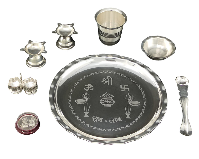 Bengalen Silver Plated Pooja thali Set 8 Inch with Plate Bowl Glass Palli Diya Coin Puja Thali for Diwali Home Office Mandir Wedding Return Gift Items