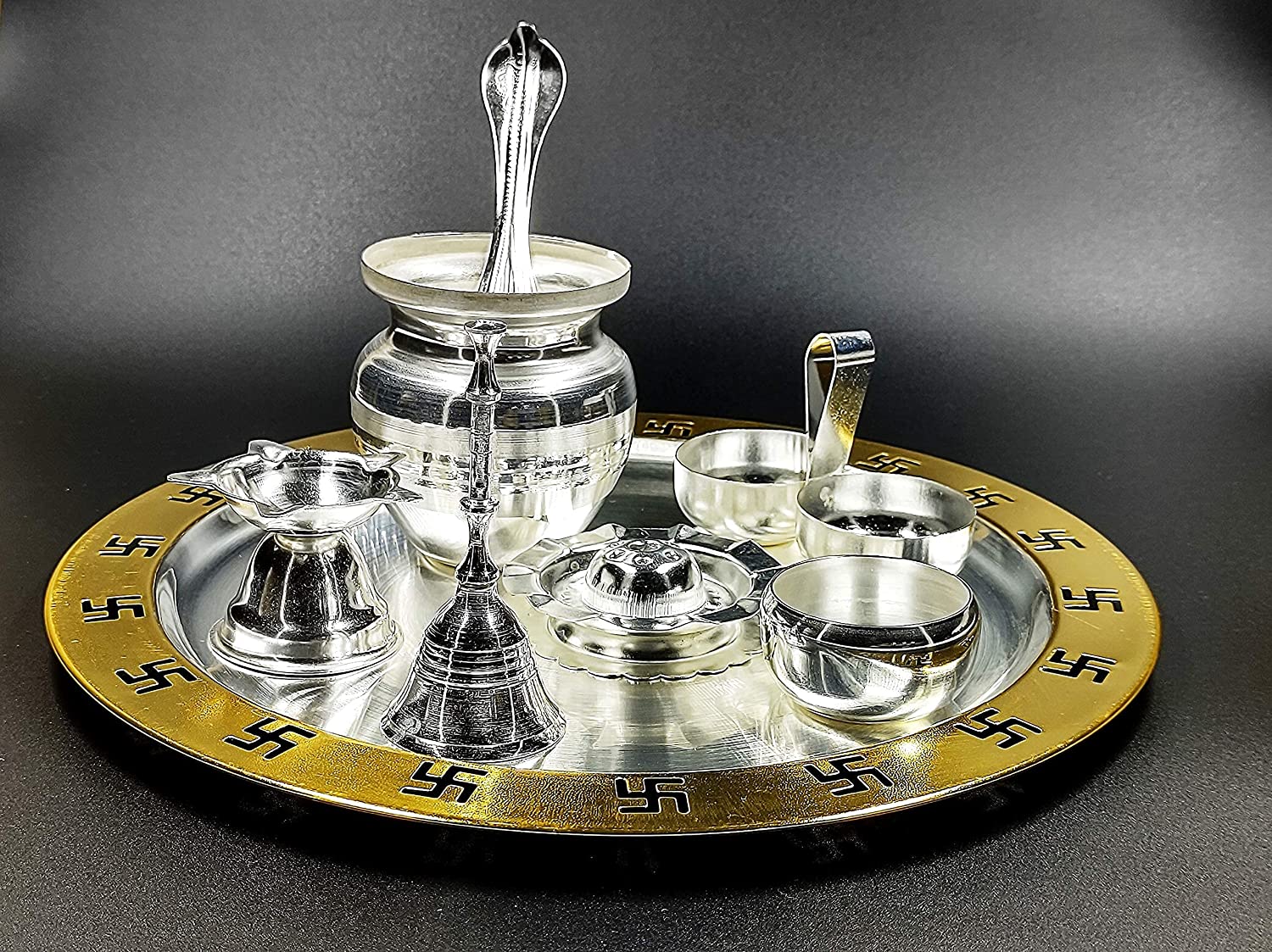 BENGALEN Gold and Silver Plated Pooja Thali Set 9 Inch Plate Kalash Palli Diya Agarbatti Stand Vati Kumkum Holder Ghanti Puja Thali Wedding Return Gift Items