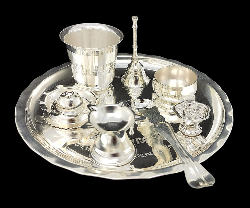 BENGALEN Silver Plated Pooja thali Set 8 Inch Daily Puja Thali for Diwali Home Mandir Office Wedding Return Festive Gift Items