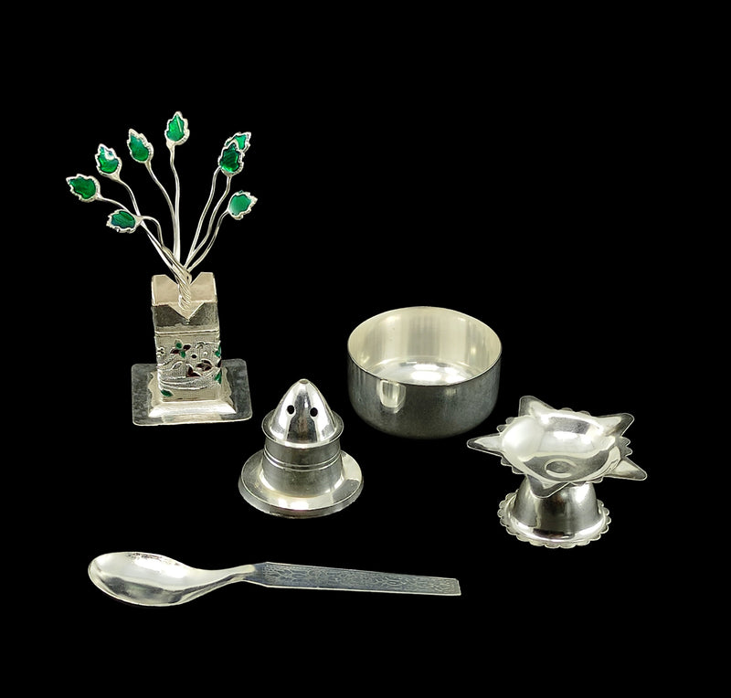 BENGALEN Silver Plated Pooja Thali Set 5 Inch Plate Agarbatti Stand Tulsi Idol Bowl Spoon Diya Puja Decorative for Home Office Wedding Return Gift Items