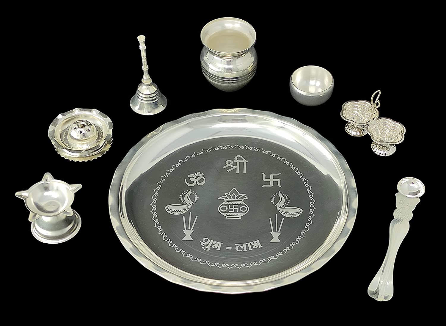 BENGALEN Silver Plated Pooja thali Set 8 Inch with Plate Ghanti Bowl Palli Dhup Dan Diya Kumkum Stand Puja Thali for Diwali Home Mandir Office Wedding Return Gift Items