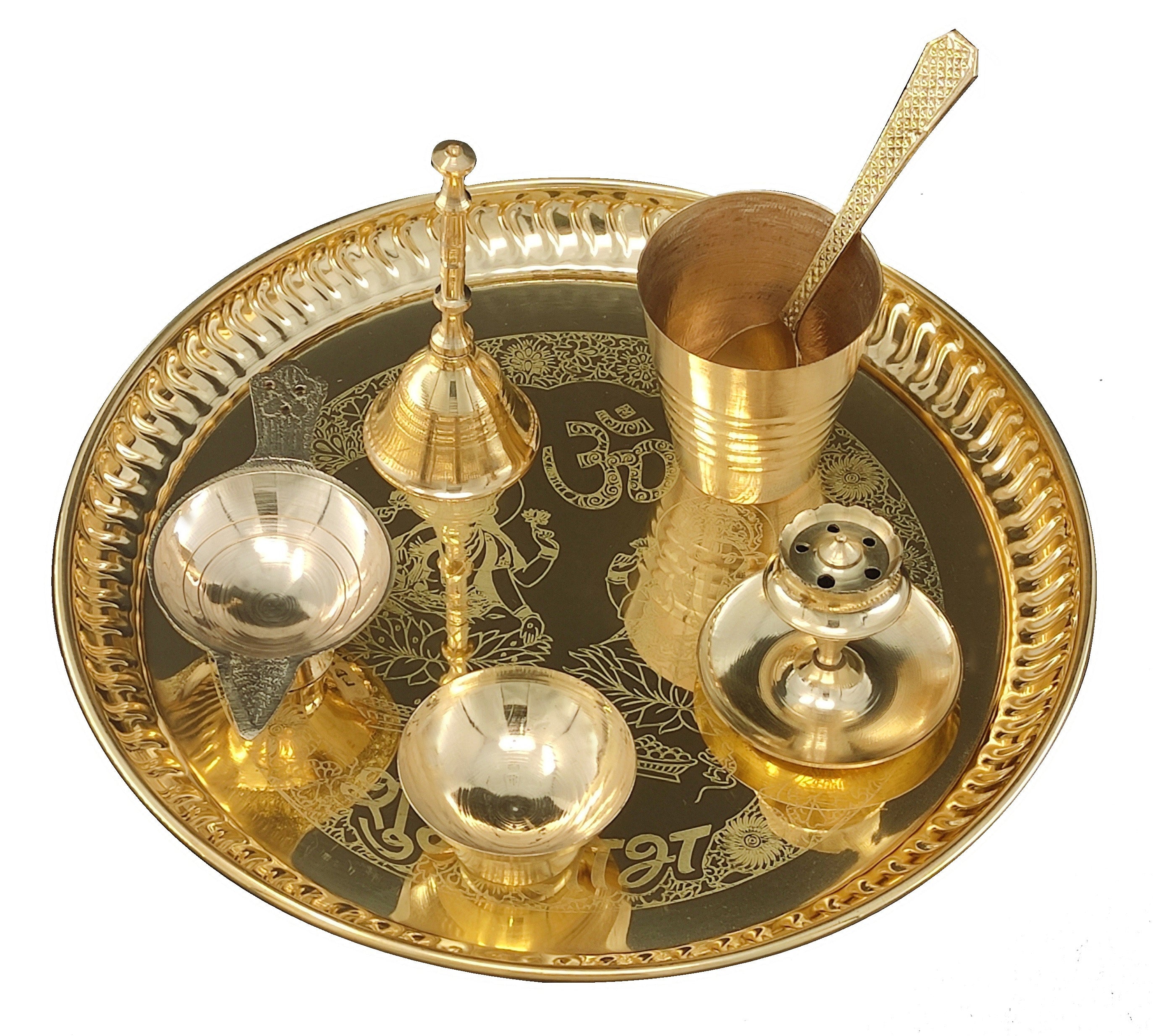 Bengalen Brass Pooja thali Set 8 Inch with Pital Plate Agarbatti Stand Glass Spoon Ghanti Bowl Diya Puja Thali for Diwali Home Mandir Office Wedding Return Gift Items