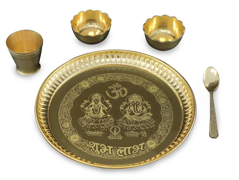 Bengalen Brass Pooja thali Set 8 Inch with Pital Plate Bowl Glass Spoon Daily Puja Bhog Thali for Diwali Home Mandir Office Wedding Return Gift Items