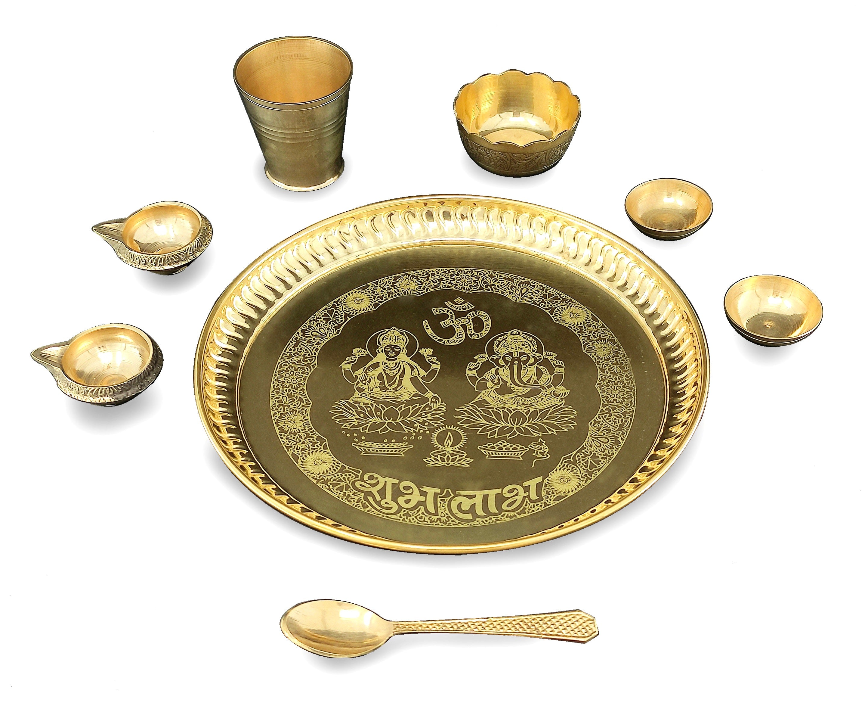 Bengalen Brass Pooja thali Set 8 Inch with Pital Plate Glash Spoon Chandan Bowls Prasad Bowl Puja Arti Thali for Diwali Home Mandir Office Wedding Return Gift Items