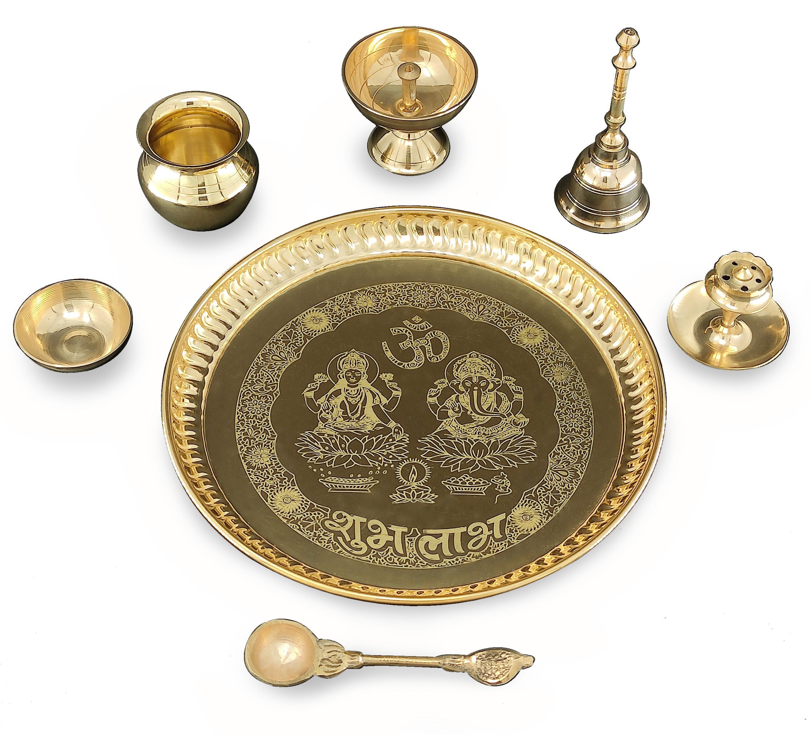 Bengalen Brass Pooja thali Set 8 Inch with Pital Plate Kalash Spoon Piyali Diya Bowl Dhup Dan Ghanti Daily Puja Thali for Diwali Home Mandir Office Wedding Return Gift Items