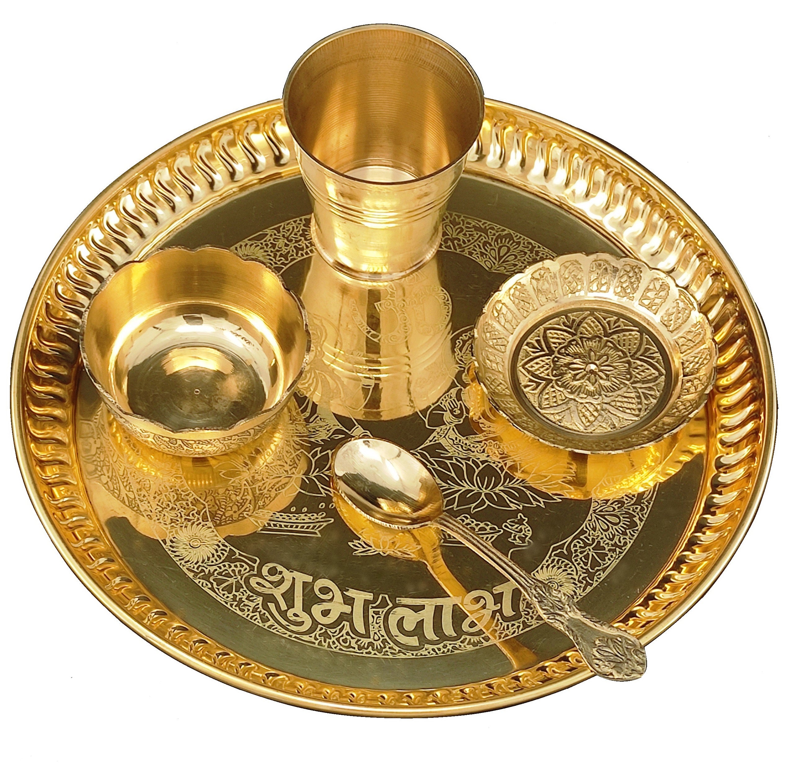 Bengalen Brass Ganesh Lakshmi Bhog thali Pooja Set 8 Inch with Pital Plate Glass Spoon Prasad Bowls Puja Thali for Diwali Home Mandir Office Wedding Return Gift Items