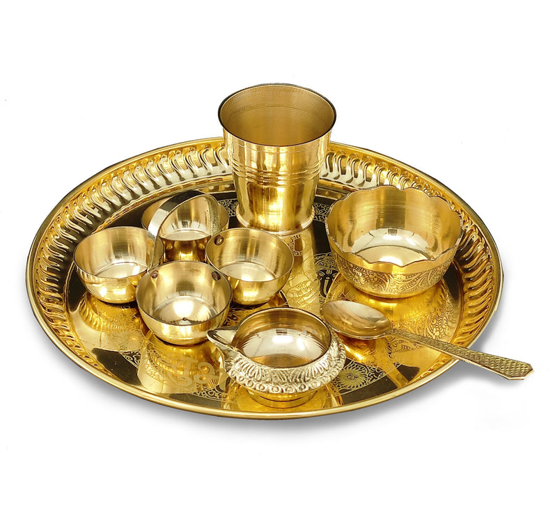 Bengalen Brass Pooja thali Set 8 Inch with Pital Plate Glash Spoon Diya Bowl Dhup Dan Haldi Kumkum Holder Puja Arti Thali for Diwali Home Mandir Office Wedding Return Gift Items