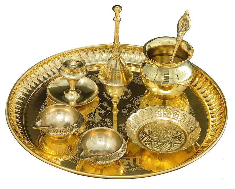 Bengalen Brass Pooja thali Set 8 Inch with Pital Plate Kalash Spoon Ghanti Bowl Dhup Dan Kuber Diya Kangura Plate Puja Thali for Diwali Home Mandir Office Wedding Return Gift Items