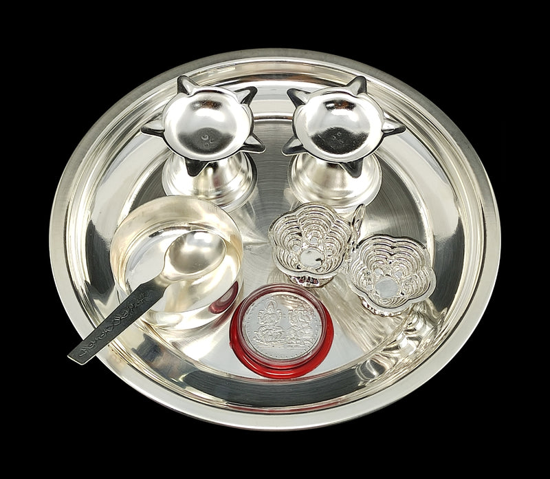 Bengalen Silver Plated Pooja Thali Set 07 Inch with Coin and Accessories Puja Decorative Gift Items for Home Mandir Office Wedding Return