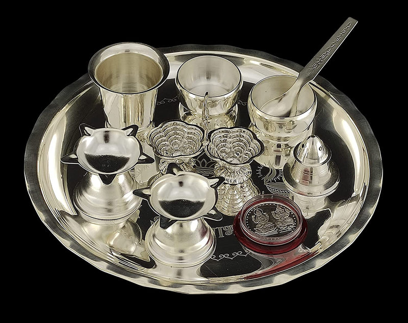 Bengalen Silver Plated Pooja thali Set 8 Inch Ethnic Puja Thali for Diwali Daily Home Mandir Office Wedding Return Festive Gift Items