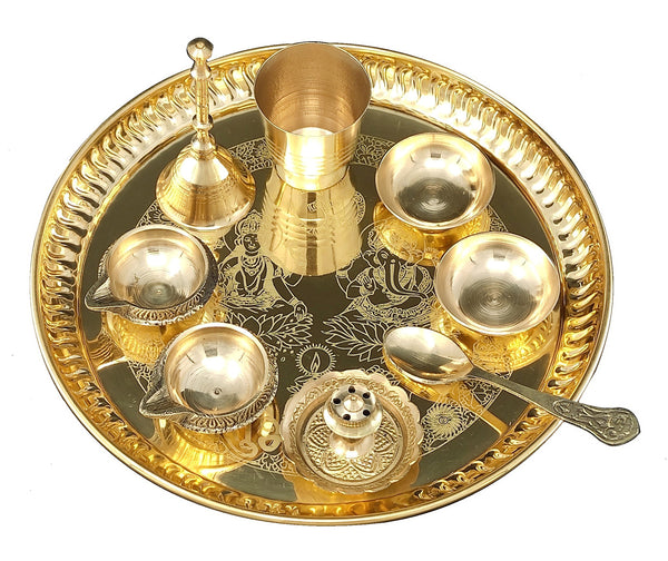 Bengalen Brass Pooja thali Set 8 Inch with Pital Plate, Kuber Diya, Ghanti, Glass, Spoon, Bowl, Design Dhup Dan Daily Puja Thali for Diwali Home Mandir Office Wedding Return Gift Items