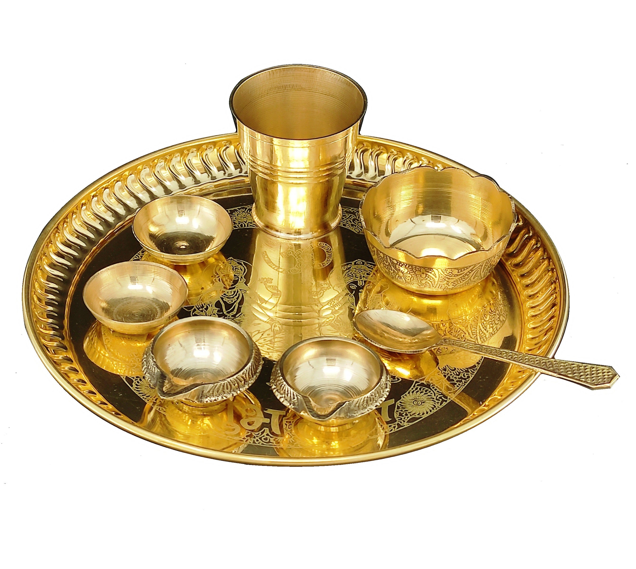 Bengalen Brass Pooja thali Set 8 Inch with Pital Plate Glash Spoon Chandan Bowls Prasad Bowl Puja Arti Thali for Diwali Home Mandir Office Wedding Return Gift Items