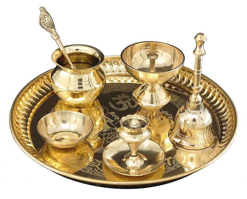 Bengalen Brass Pooja thali Set 8 Inch with Pital Plate Kalash Spoon Piyali Diya Bowl Dhup Dan Ghanti Daily Puja Thali for Diwali Home Mandir Office Wedding Return Gift Items