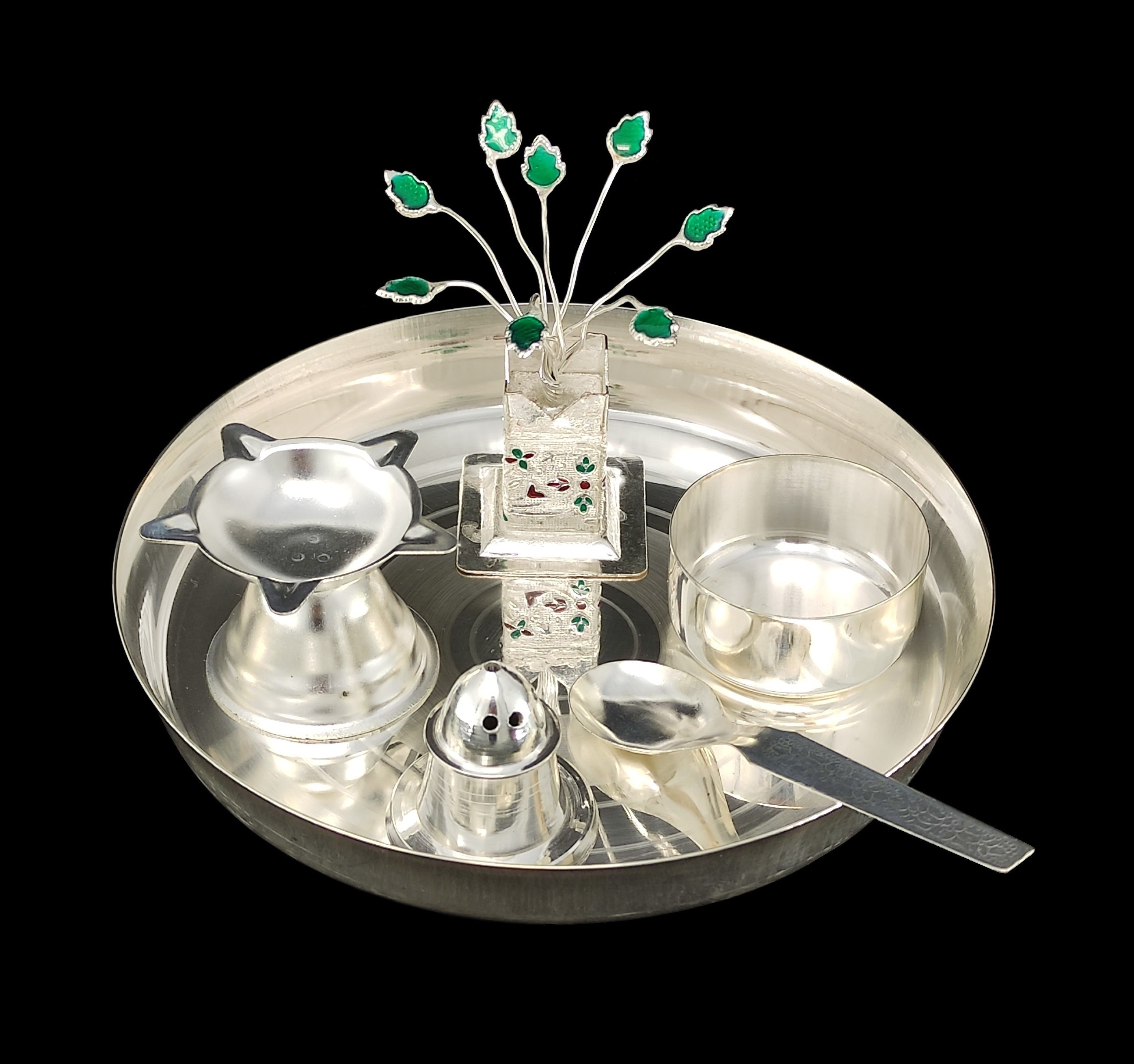 BENGALEN Silver Plated Pooja Thali Set 6 Inch with Plate Agarbatti Stand Tulsi Idol Bowl Spoon Diya Puja Decorative Items for Home Mandir Office Wedding Return Gift Items