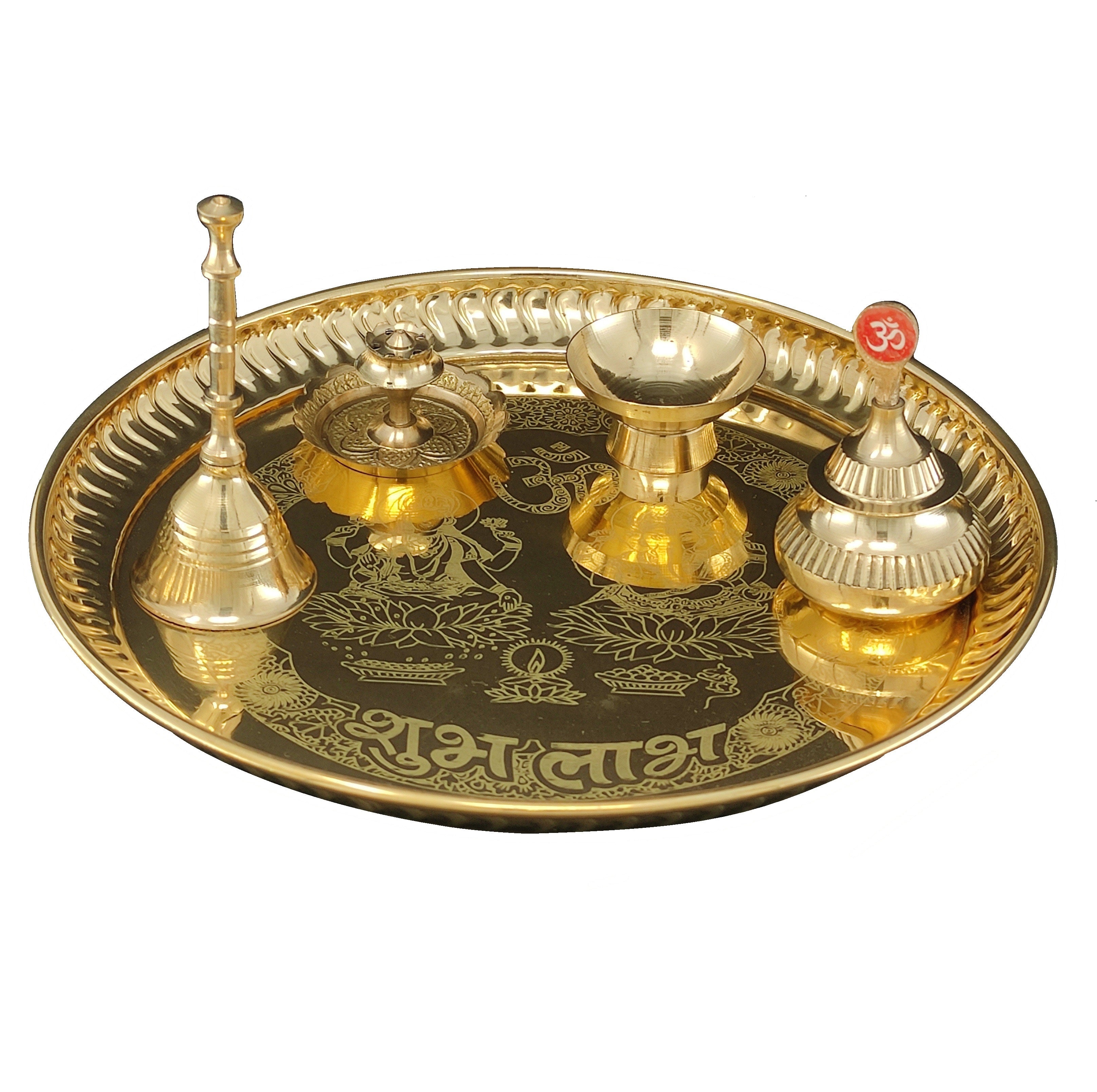 Bengalen Brass Pooja thali Set 8 Inch with with Pital Plate Ghanti Sindoor Dibbi Bowl Dhup Dan Puja Thali for Diwali Home Mandir Office Wedding Return Gift Items