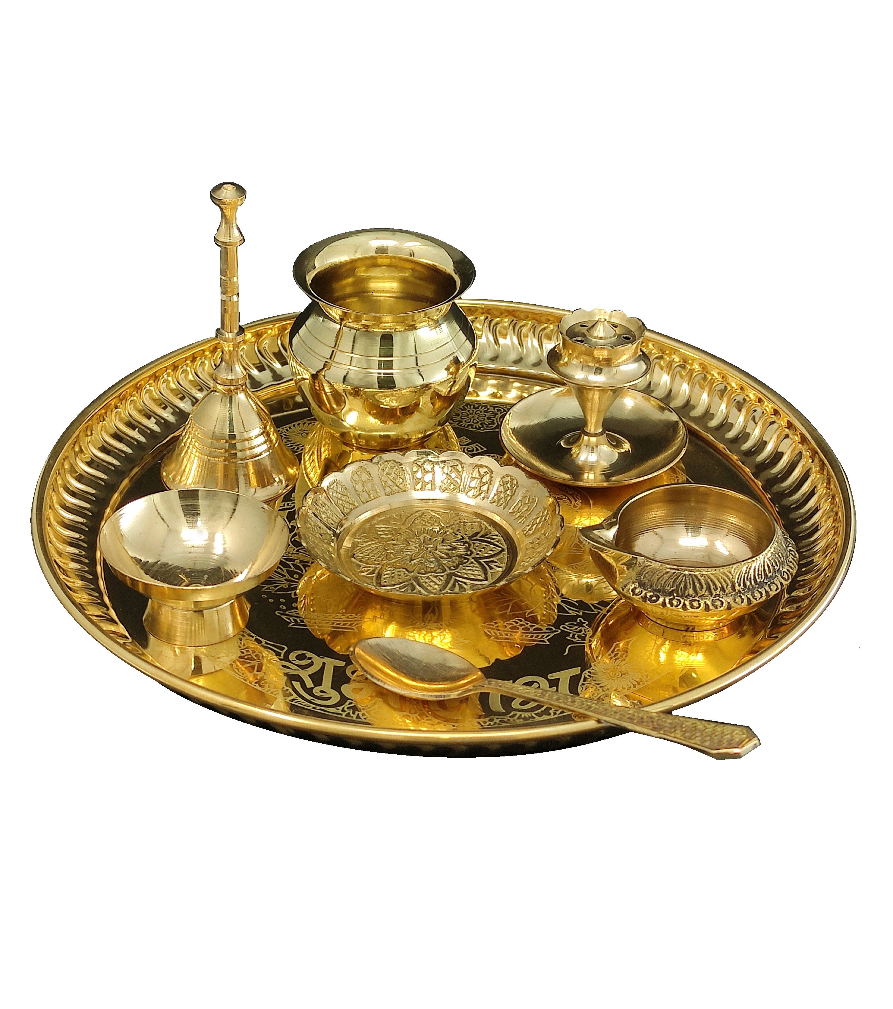 Bengalen Brass Pooja thali Set 8 Inch with Pital Plate Dhup Dan Kalash Spoon Ghanti Bowl Kuber Diya Kangura Plate Puja Thali for Diwali Home Mandir Office Wedding Return Gift Items