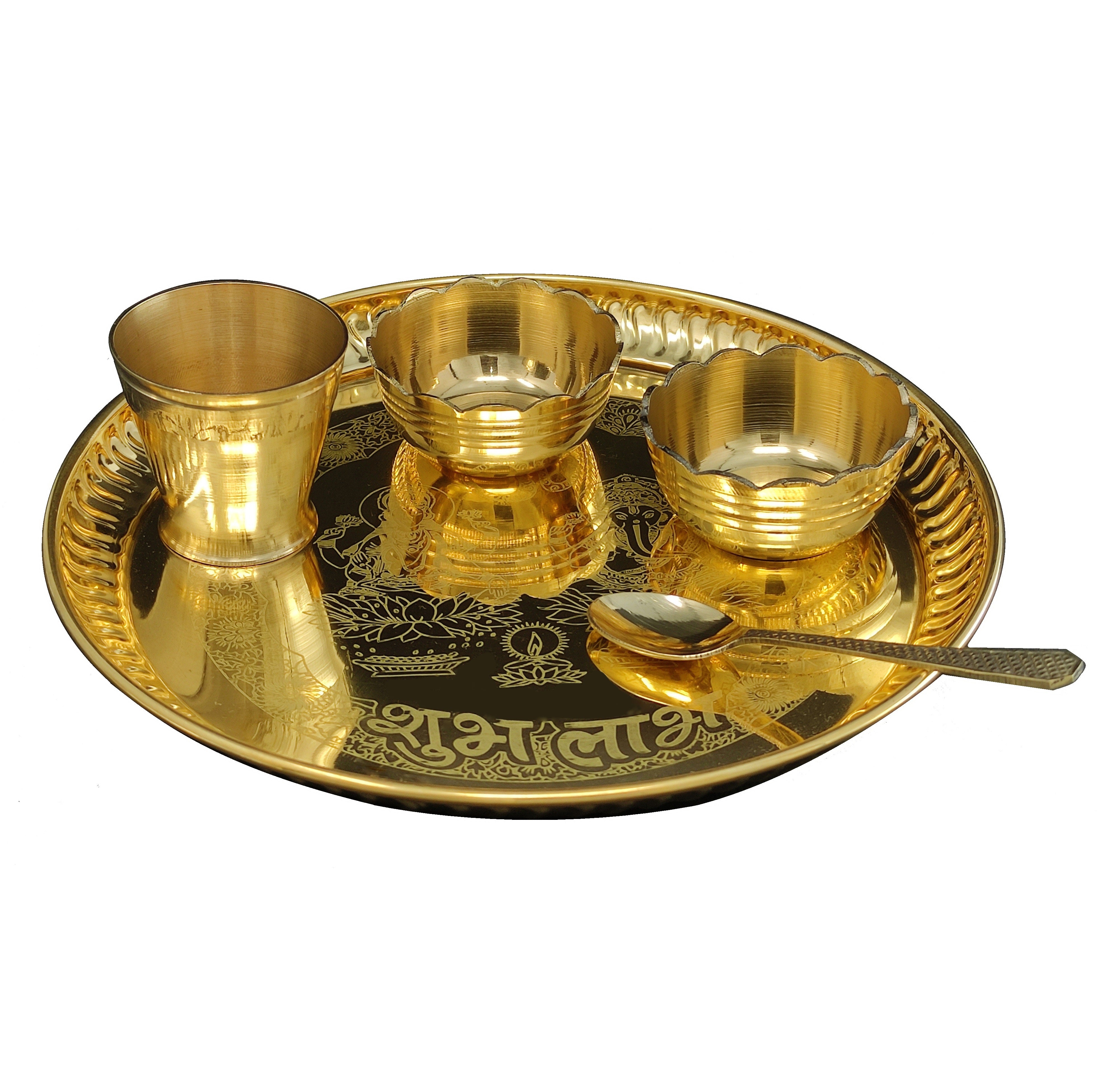 Bengalen Brass Pooja thali Set 8 Inch with Pital Plate Bowl Glass Spoon Daily Puja Bhog Thali for Diwali Home Mandir Office Wedding Return Gift Items