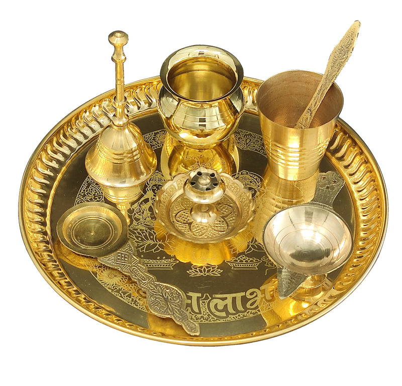 Bengalen Brass Pooja thali Set 8 Inch with Pital Plate Glass Kalash Spoon Ghanti Bowl Agarbatti Stand Kuber Diya Puja Thali for Diwali Home Mandir Office Wedding Return Gift Items