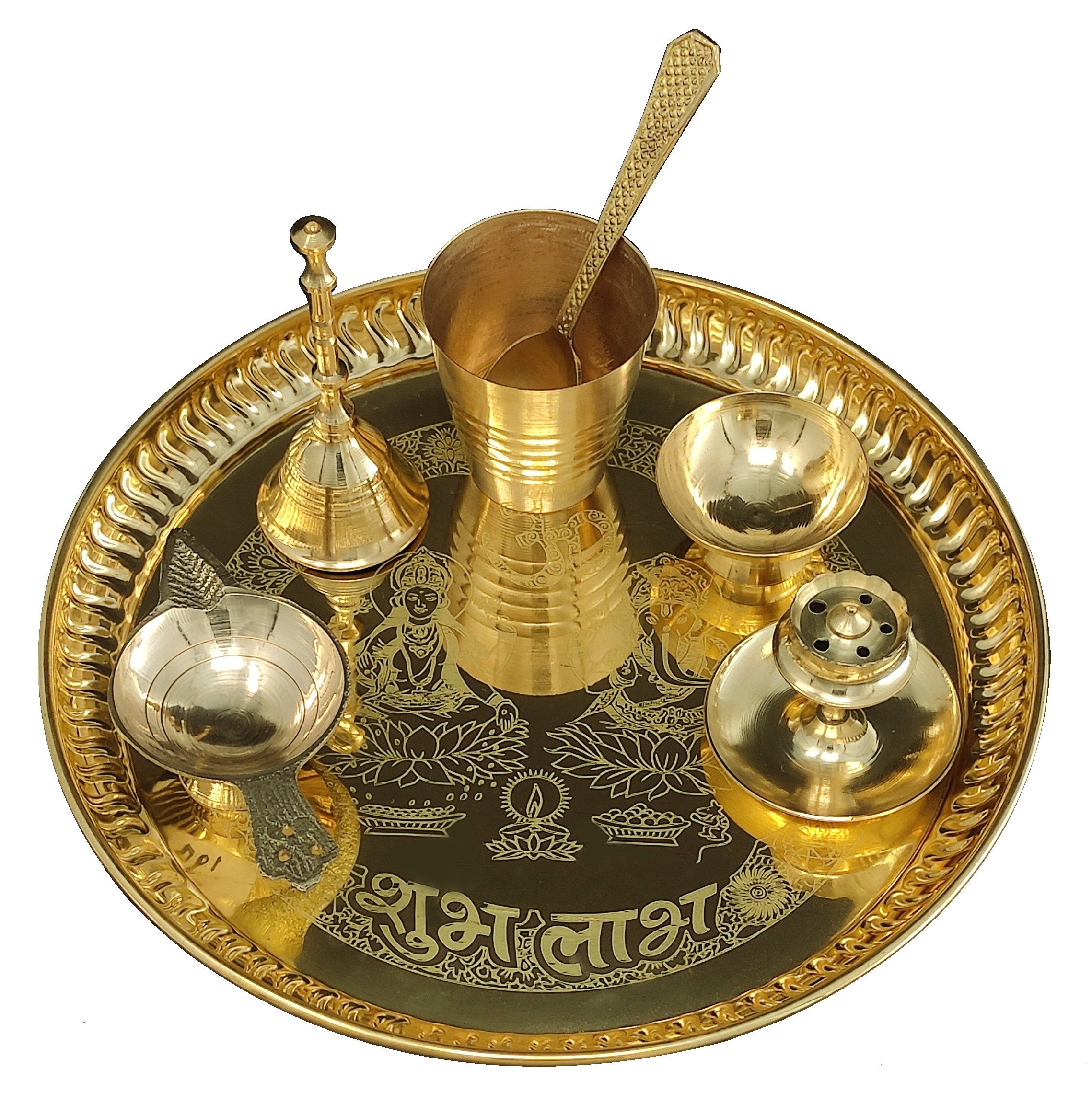 Bengalen Brass Pooja thali Set 8 Inch with Pital Plate Agarbatti Stand Glass Spoon Ghanti Bowl Diya Puja Thali for Diwali Home Mandir Office Wedding Return Gift Items