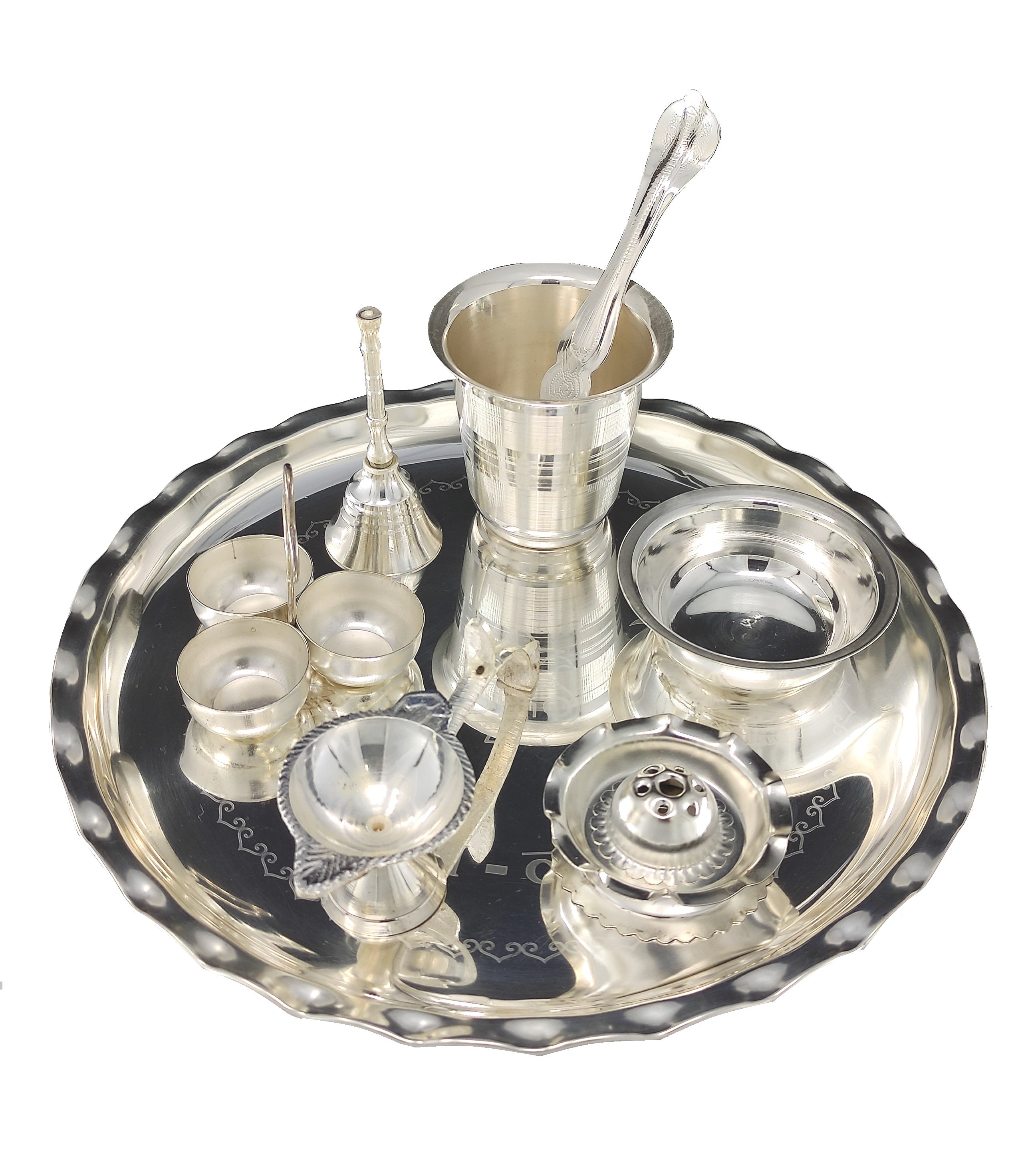 Bengalen Silver Plated Pooja thali Set 9.5 Inch with Plate Glass Palli Arti Diya Kumkum Holder Bowl Dhup Dan Ghanti Puja Thali for Diwali Home Mandir Office Wedding Return Gift Items