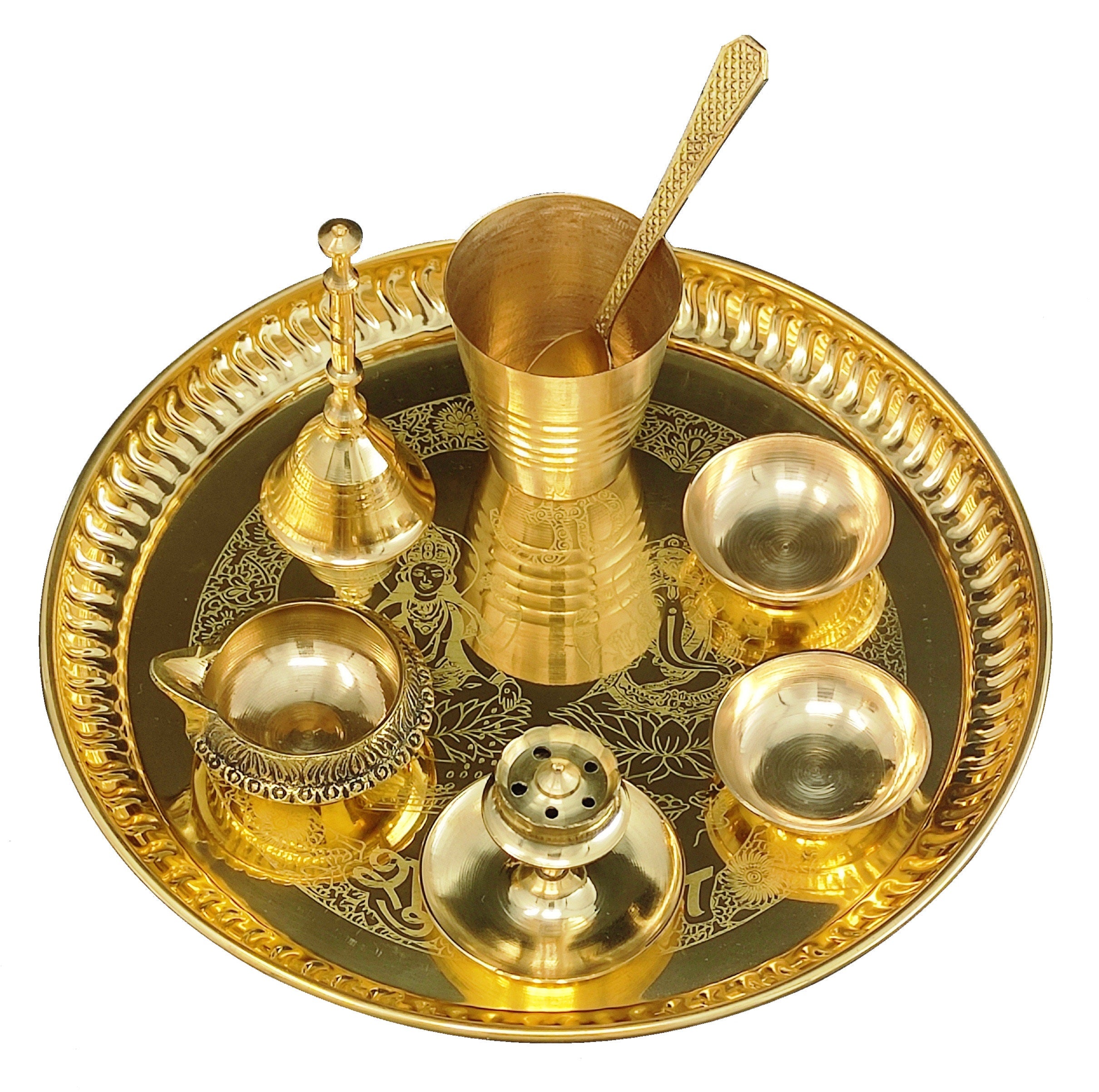 Bengalen Brass Pooja thali Set 8 Inch with Pital Plate Glass Spoon Ghanti Bowl Kuber Diya Agarbatti Stand Puja Thali for Diwali Home Mandir Office Wedding Return Gift Items