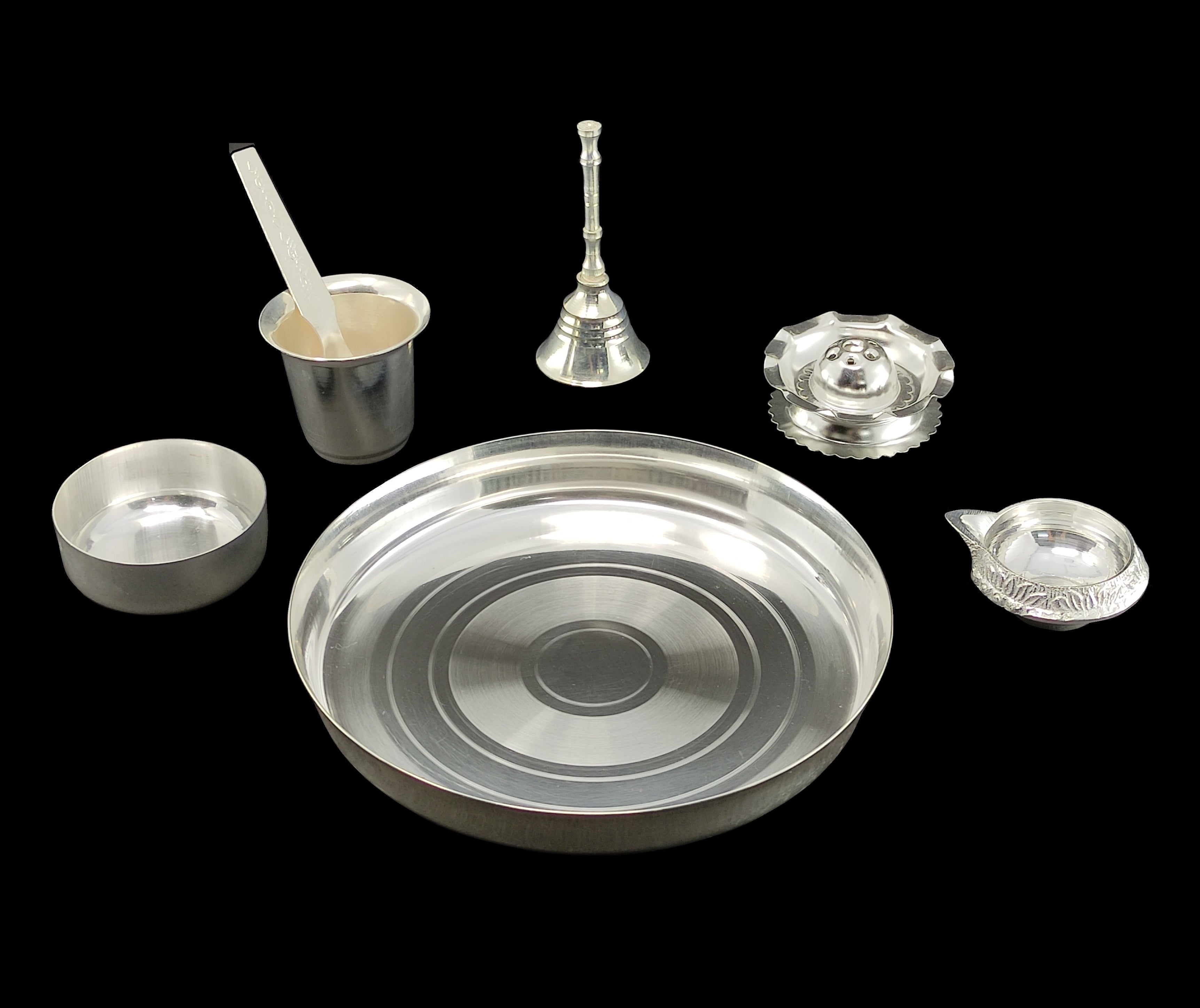 BENGALEN Silver Plated Pooja Thali Set Small 6 Inch Plate Ghanti Glass Kuber Diya Bowl Spoon Agarbatti Stand Puja Decorative Items for Home Mandir Office Wedding Return Gift Items