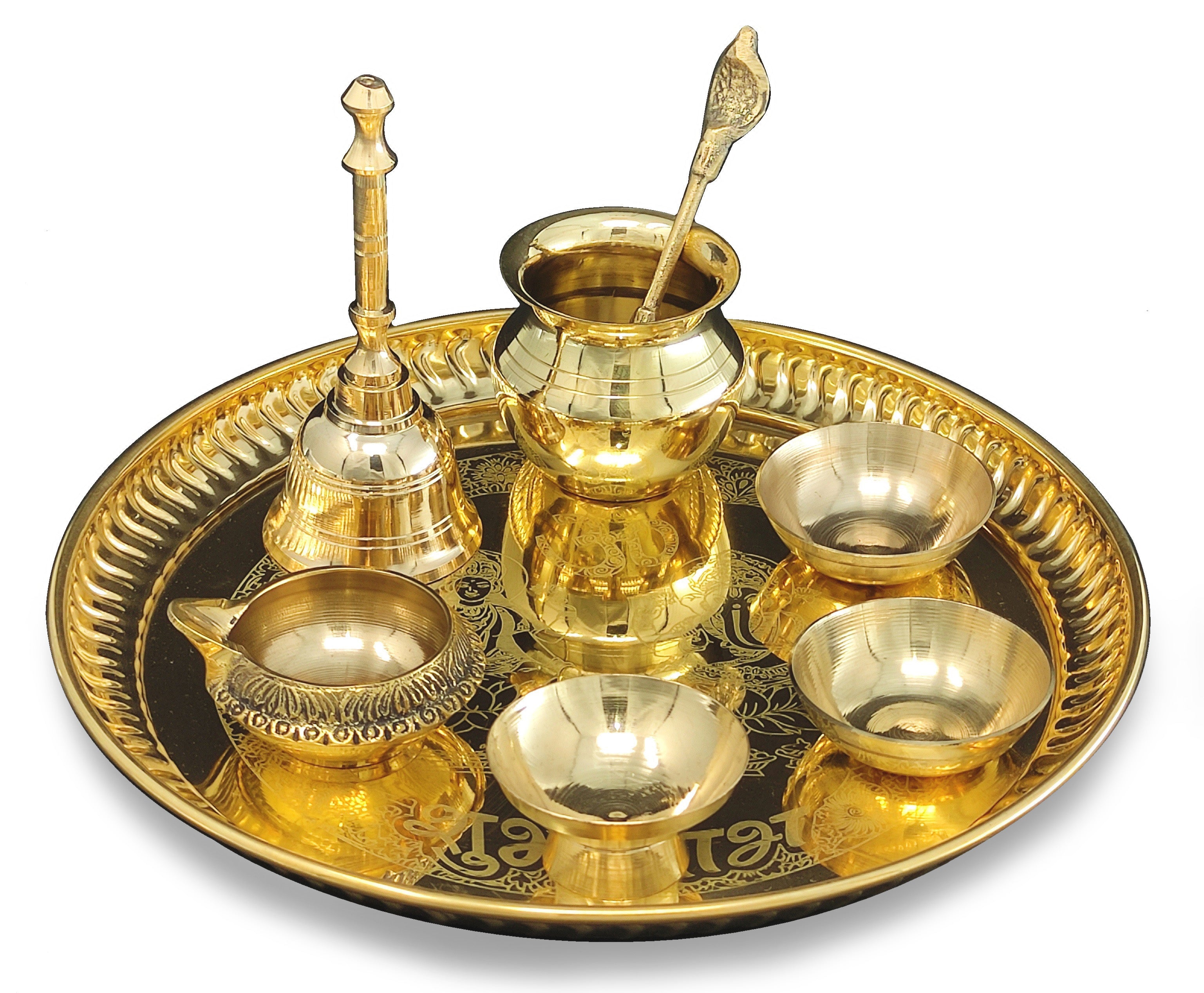 Bengalen Brass Pooja thali Set 8 Inch with Pital Plate Bowl Kalash Spoon Ghanti Chandan Wati Daily Puja Thali for Diwali Home Mandir Office Wedding Return Gift Items