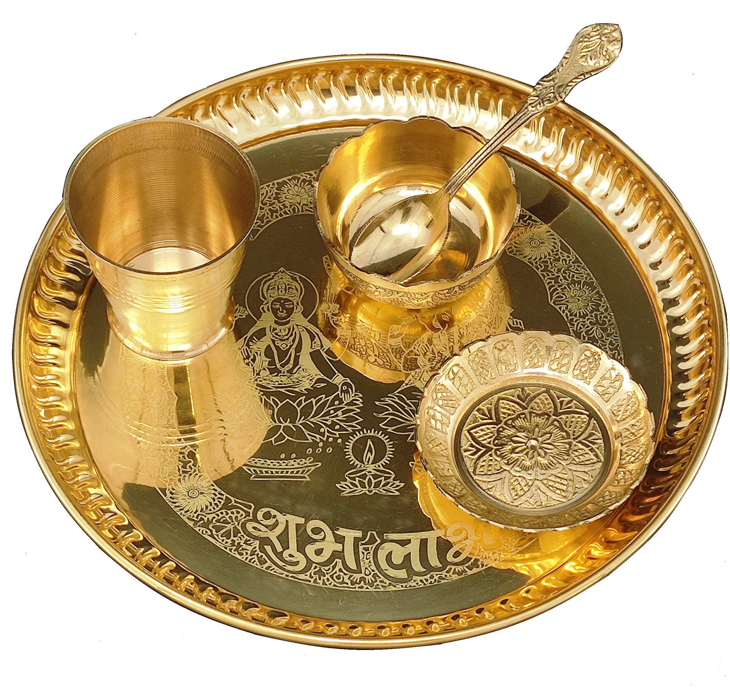 Bengalen Brass Ganesh Lakshmi Bhog thali Pooja Set 8 Inch with Pital Plate Glass Spoon Prasad Bowls Puja Thali for Diwali Home Mandir Office Wedding Return Gift Items