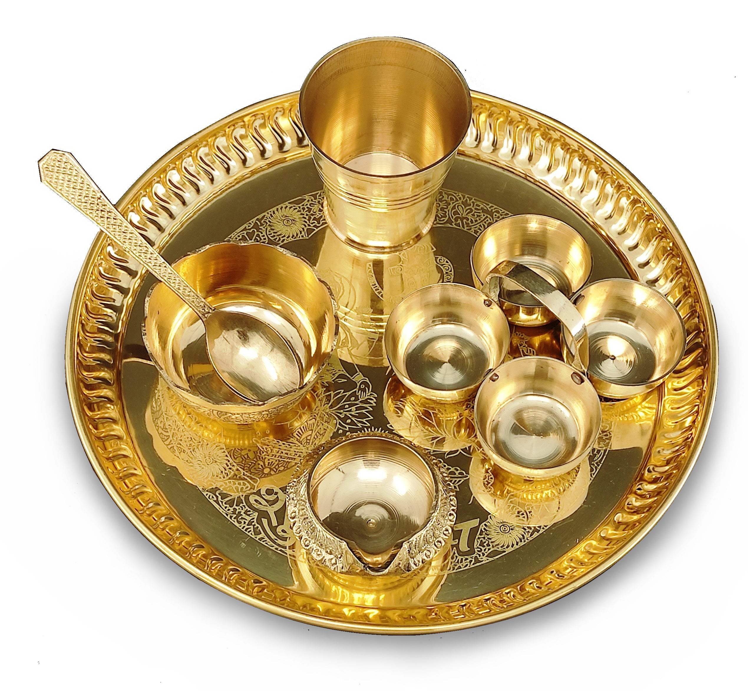 Bengalen Brass Pooja thali Set 8 Inch with Pital Plate Glash Spoon Diya Bowl Dhup Dan Haldi Kumkum Holder Puja Arti Thali for Diwali Home Mandir Office Wedding Return Gift Items