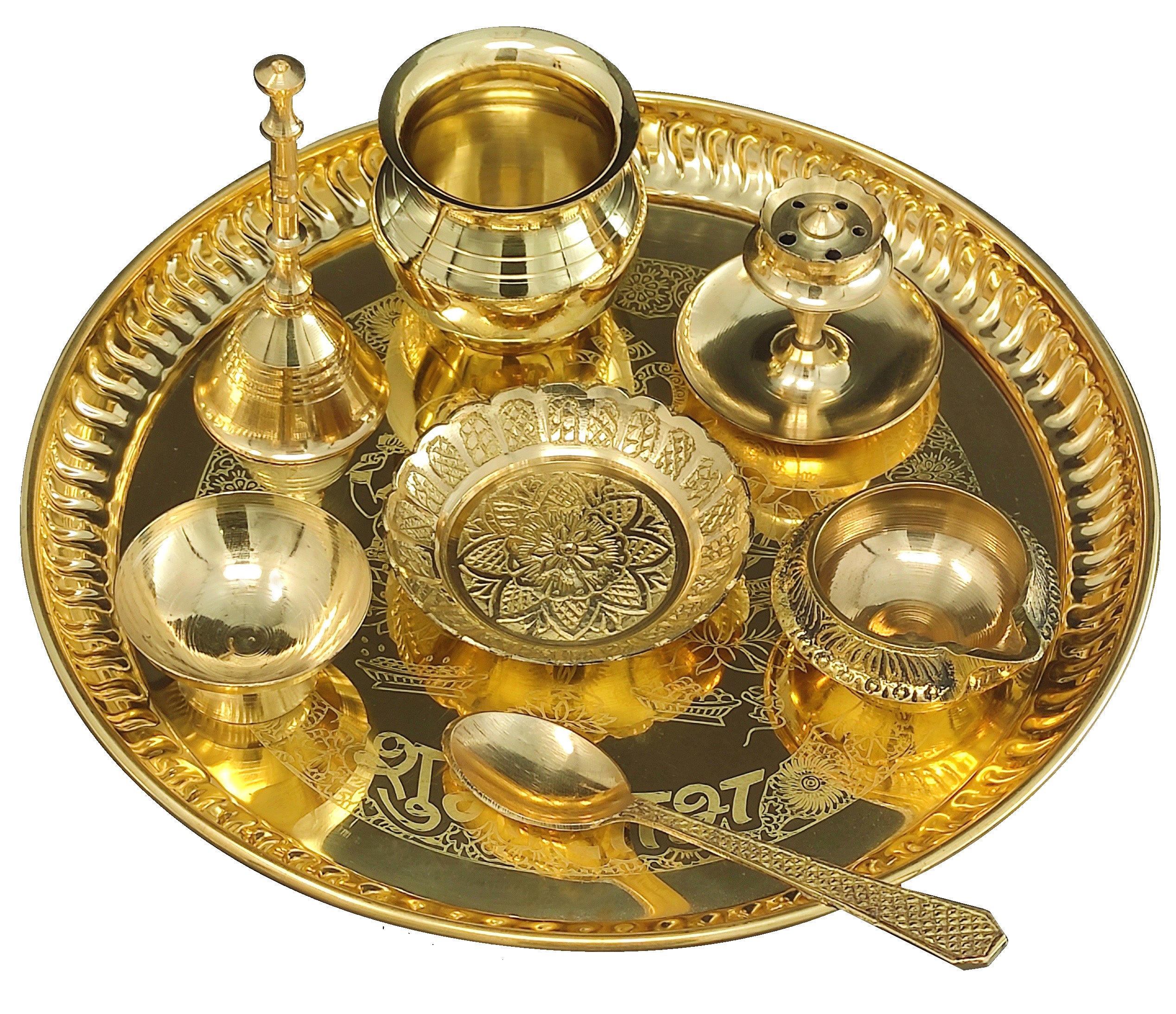 Bengalen Brass Pooja thali Set 8 Inch with Pital Plate Dhup Dan Kalash Spoon Ghanti Bowl Kuber Diya Kangura Plate Puja Thali for Diwali Home Mandir Office Wedding Return Gift Items