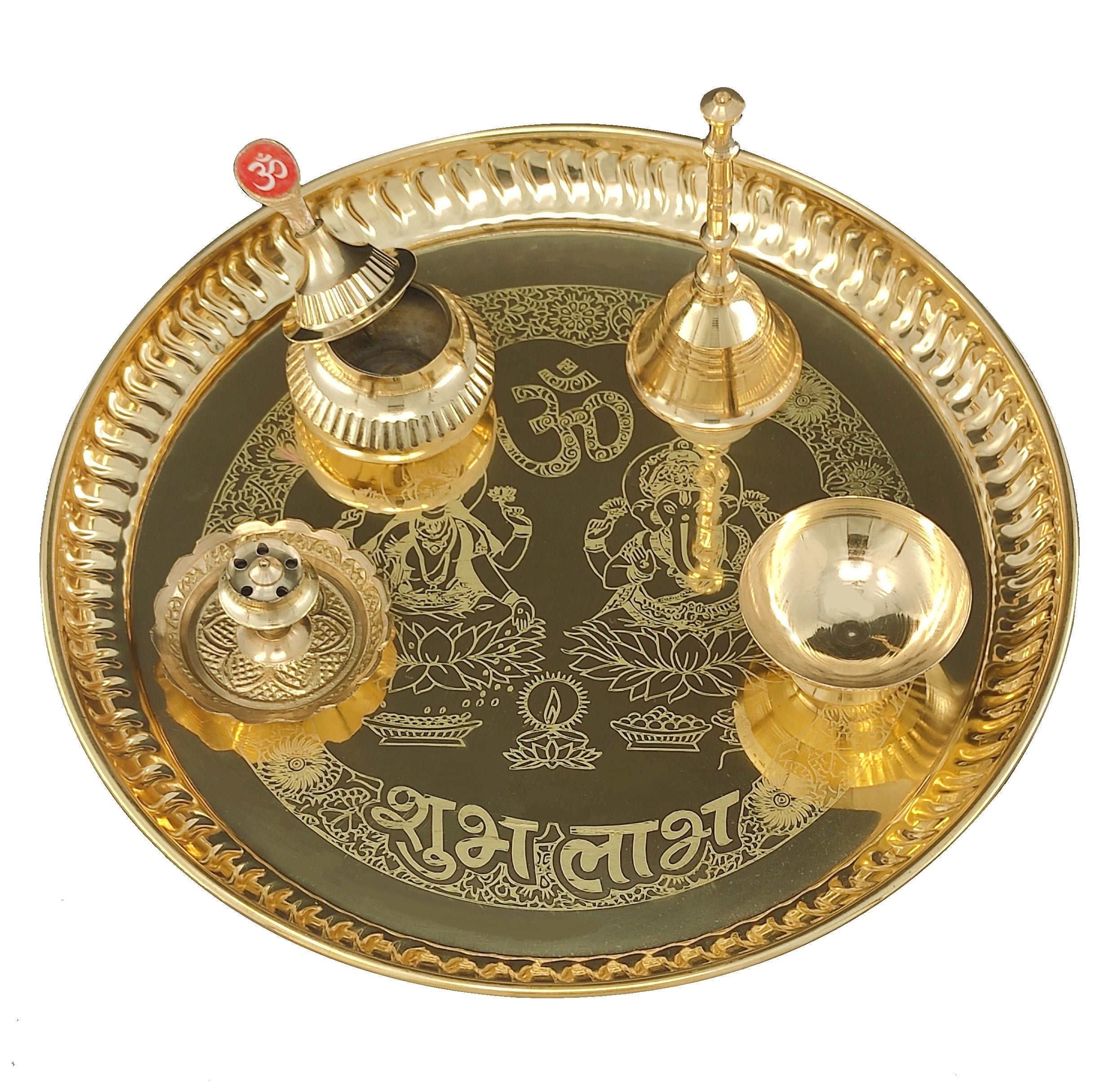 Bengalen Brass Pooja thali Set 8 Inch with with Pital Plate Ghanti Sindoor Dibbi Bowl Dhup Dan Puja Thali for Diwali Home Mandir Office Wedding Return Gift Items