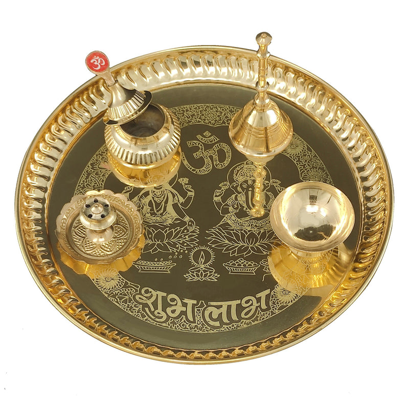 Bengalen Brass Pooja thali Set 8 Inch with with Pital Plate Ghanti Sindoor Dibbi Bowl Dhup Dan Puja Thali for Diwali Home Mandir Office Wedding Return Gift Items…