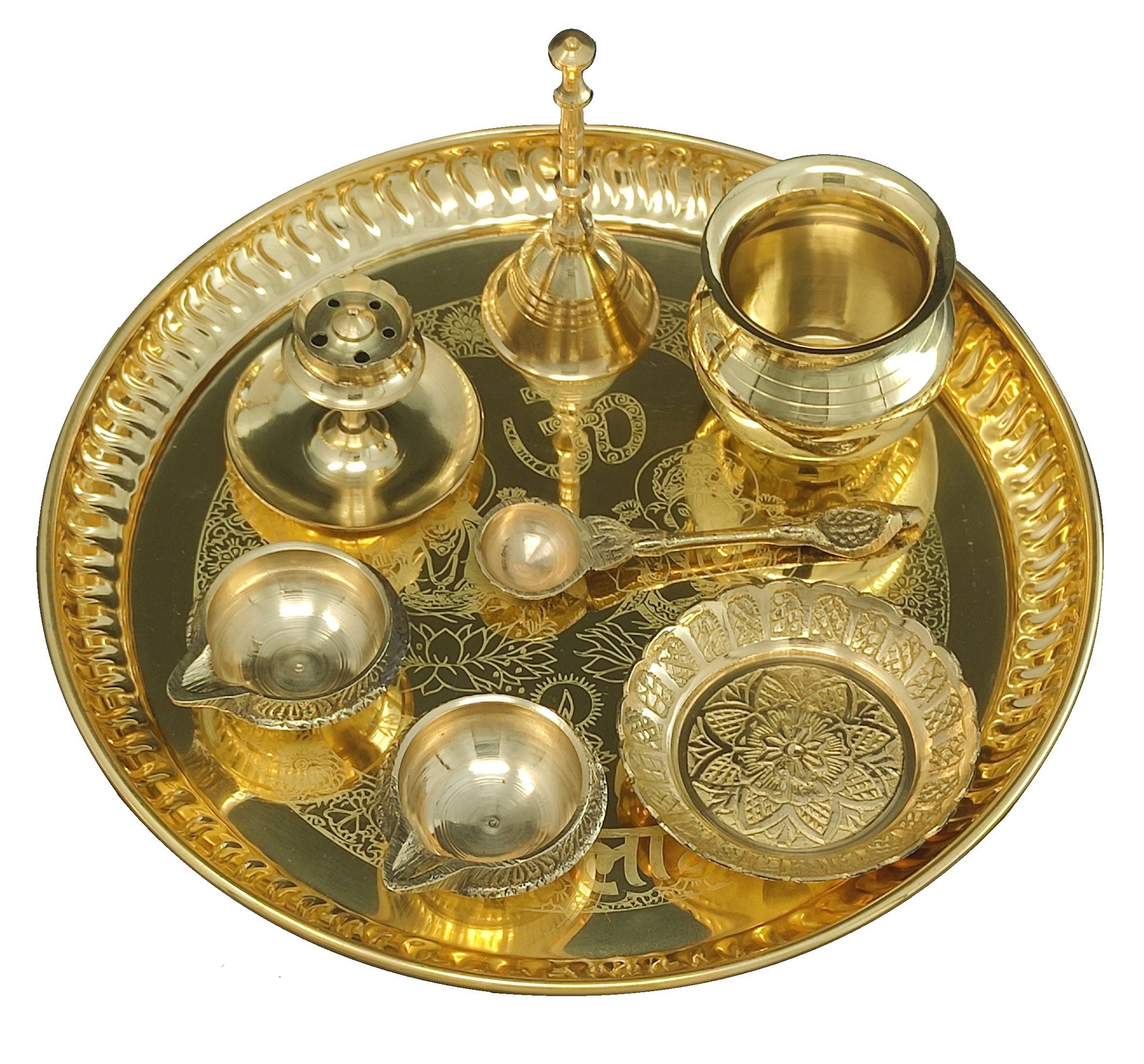 Bengalen Brass Pooja thali Set 8 Inch with Pital Plate Kalash Spoon Ghanti Bowl Dhup Dan Kuber Diya Kangura Plate Puja Thali for Diwali Home Mandir Office Wedding Return Gift Items