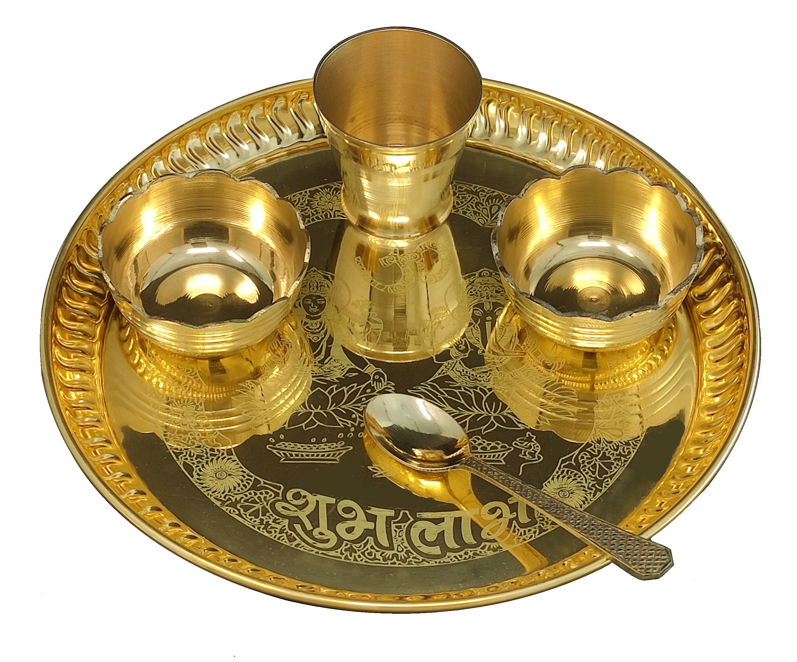 Bengalen Brass Pooja thali Set 8 Inch with Pital Plate Bowl Glass Spoon Daily Puja Bhog Thali for Diwali Home Mandir Office Wedding Return Gift Items