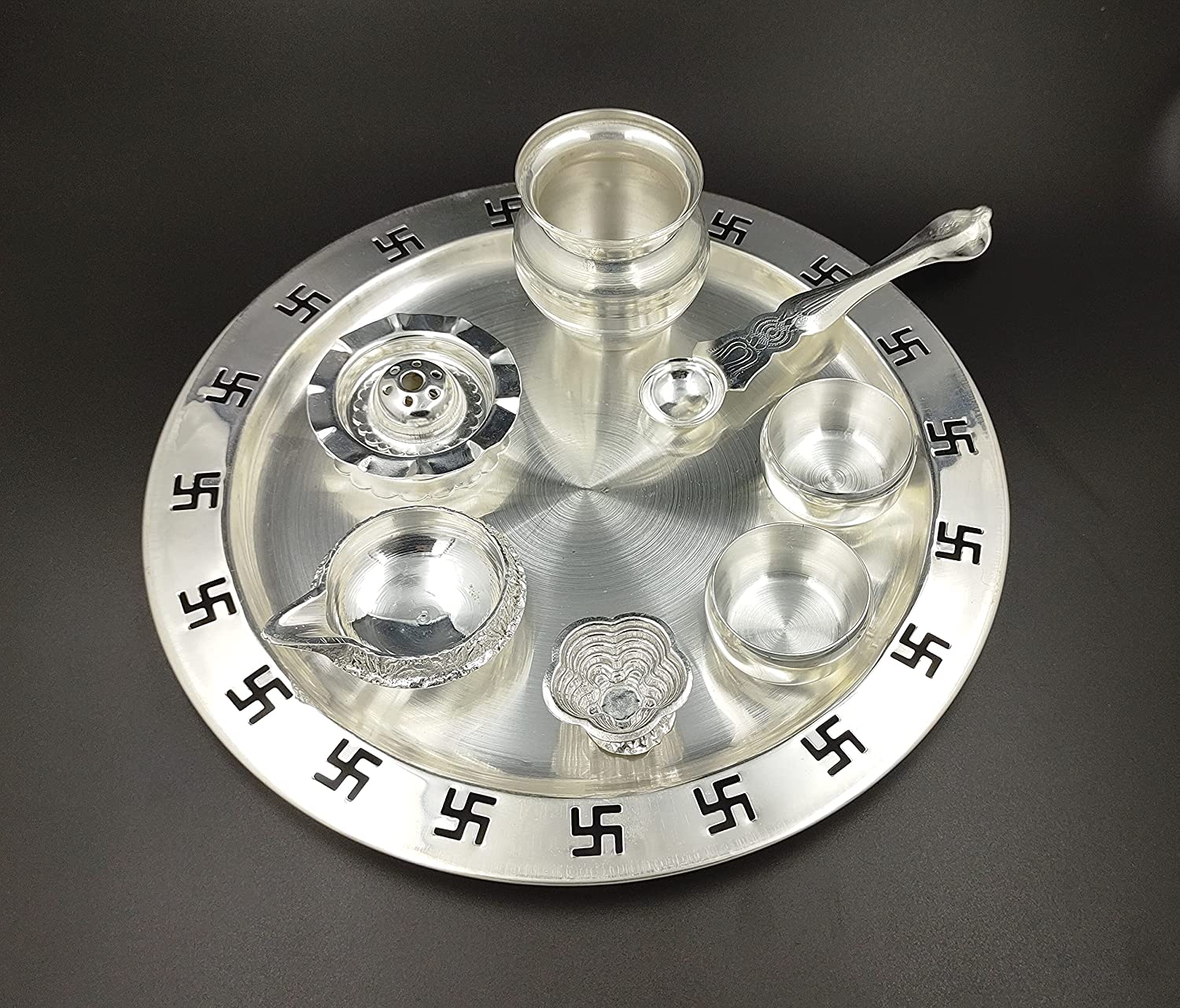 Bengalen Silver Plated Swastik Design Puja Thali Set Festival Ethnic Pooja Items for Home Temple Office Wedding Return Gift Items