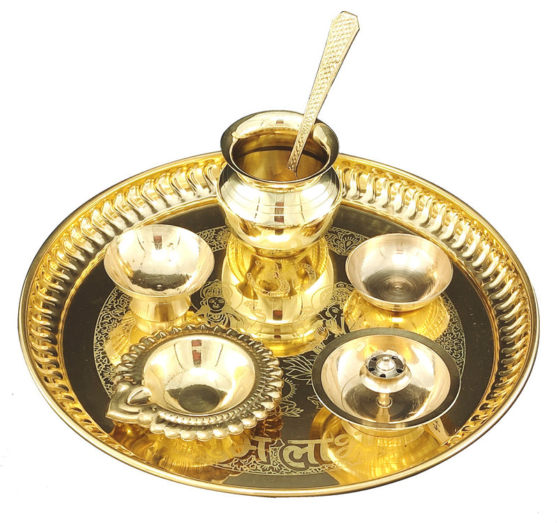 Bengalen Brass Pooja thali Set 8 Inch with Pital Plate Kalash Spoon Diya Bowl Dhup Dan Ghanti Daily Puja Thali for Diwali Home Mandir Office Wedding Return Gift Items