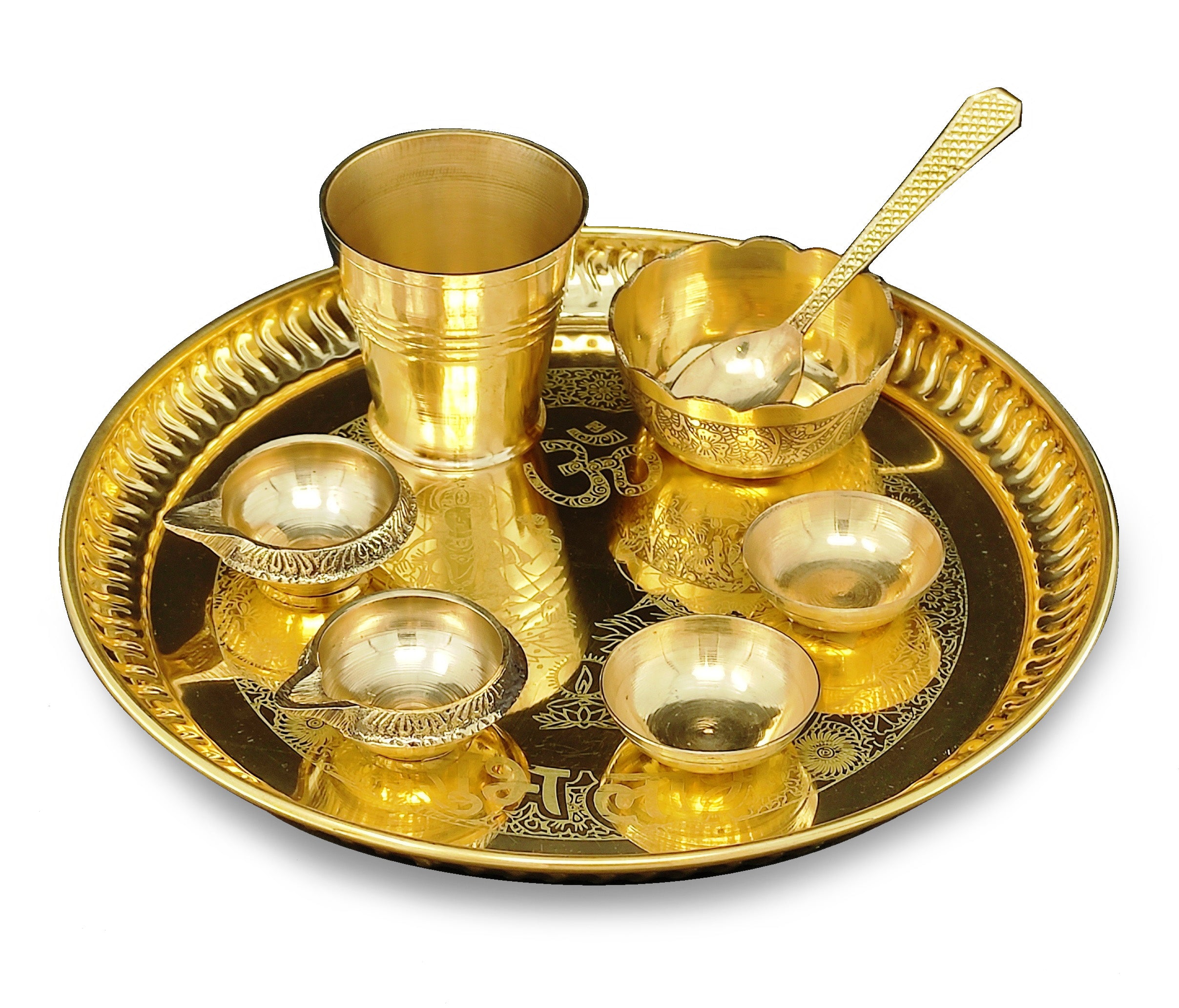 Bengalen Brass Pooja thali Set 8 Inch with Pital Plate Glash Spoon Chandan Bowls Prasad Bowl Puja Arti Thali for Diwali Home Mandir Office Wedding Return Gift Items