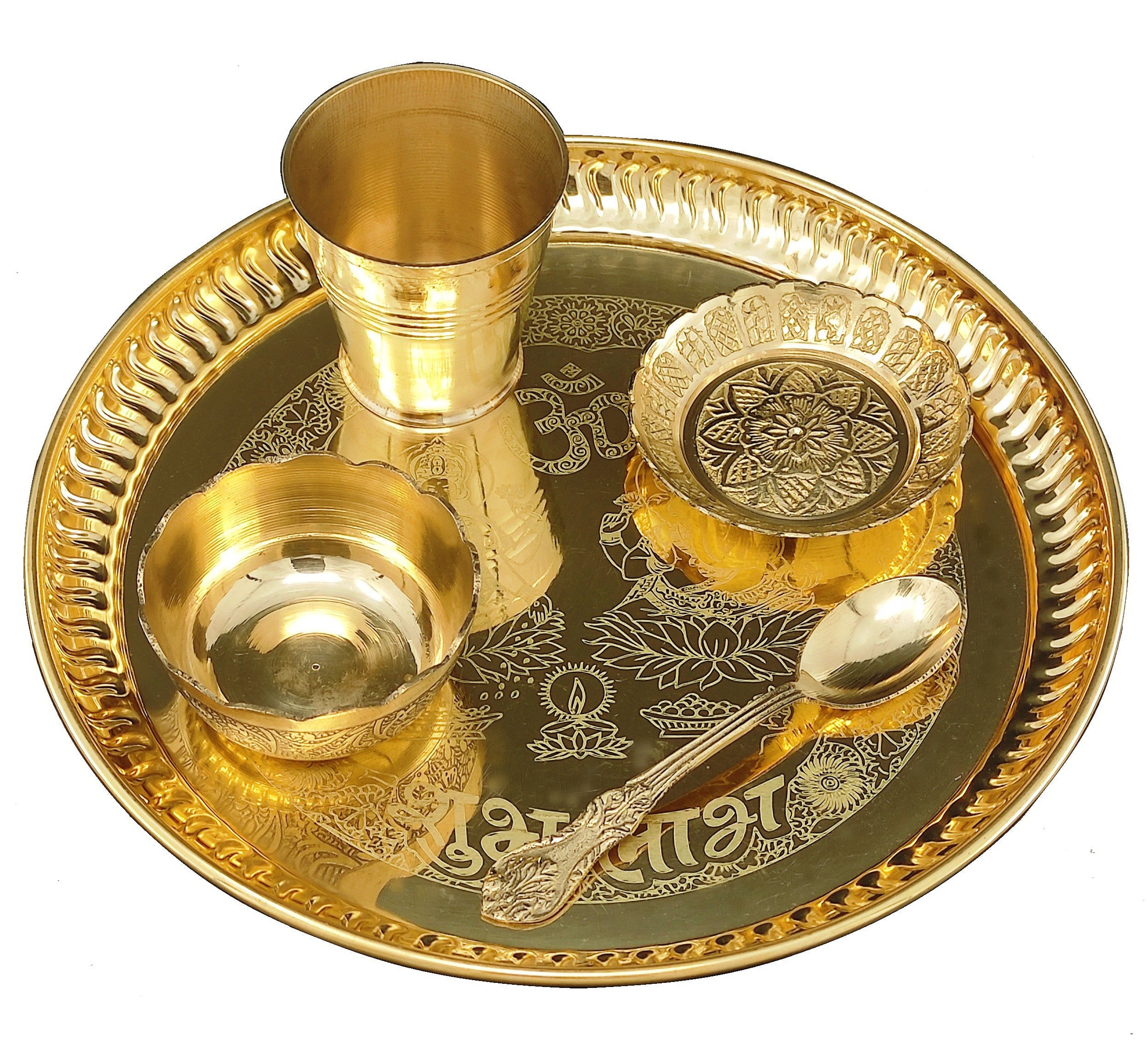 Bengalen Brass Ganesh Lakshmi Bhog thali Pooja Set 8 Inch with Pital Plate Glass Spoon Prasad Bowls Puja Thali for Diwali Home Mandir Office Wedding Return Gift Items