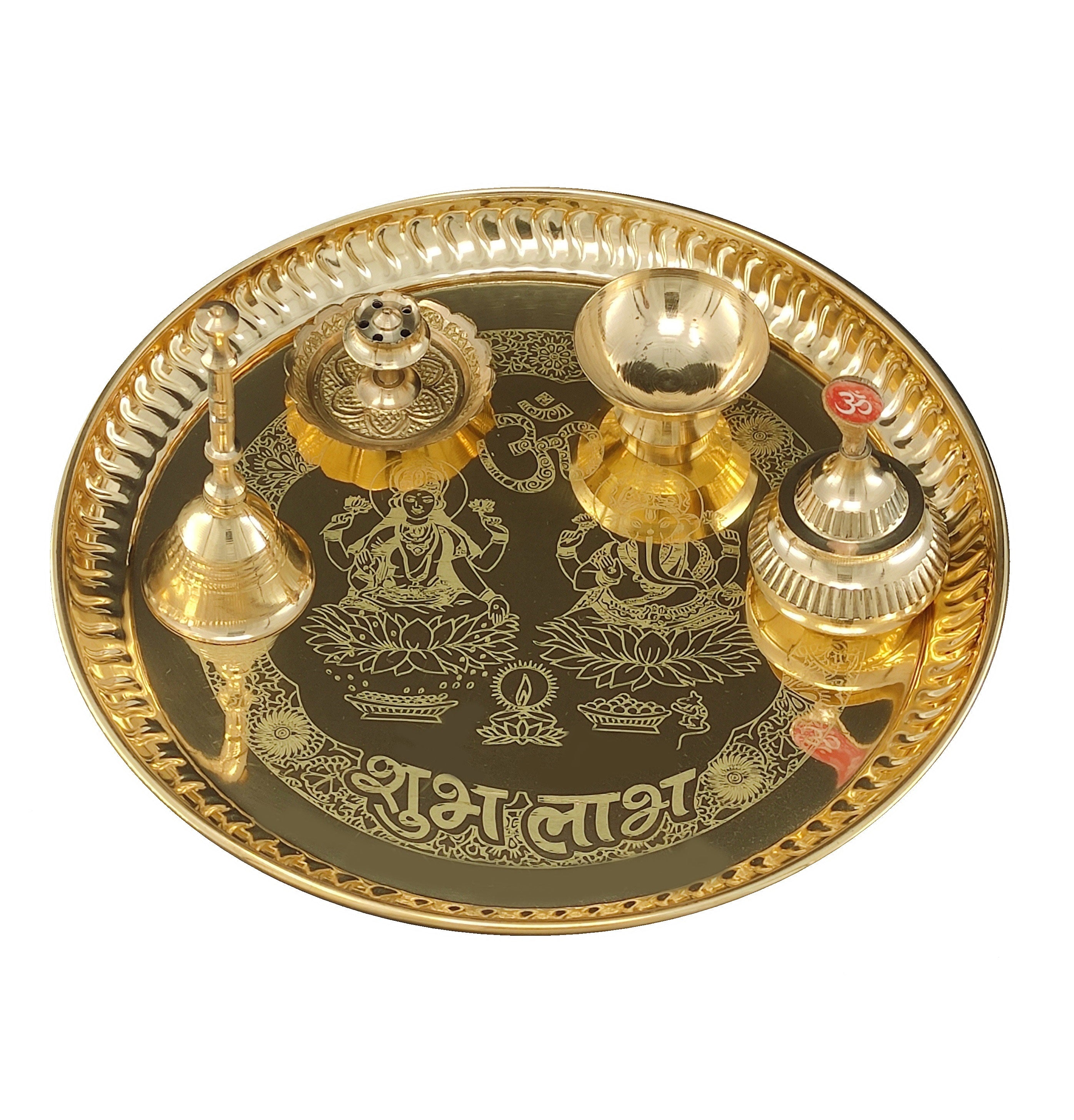 Bengalen Brass Pooja thali Set 8 Inch with with Pital Plate Ghanti Sindoor Dibbi Bowl Dhup Dan Puja Thali for Diwali Home Mandir Office Wedding Return Gift Items