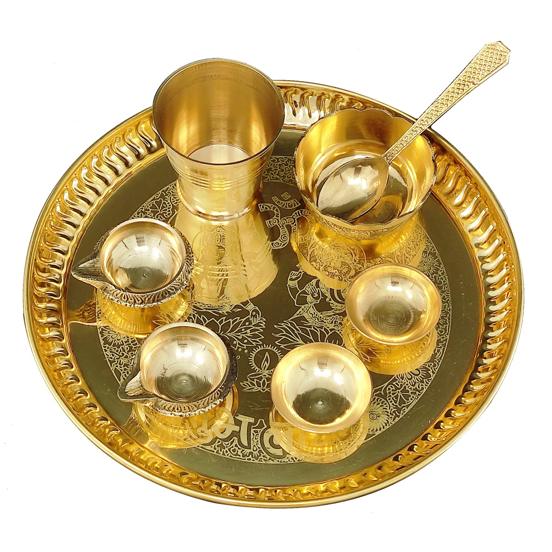 Bengalen Brass Pooja thali Set 8 Inch with Pital Plate Glash Spoon Chandan Bowls Prasad Bowl Puja Arti Thali for Diwali Home Mandir Office Wedding Return Gift Items