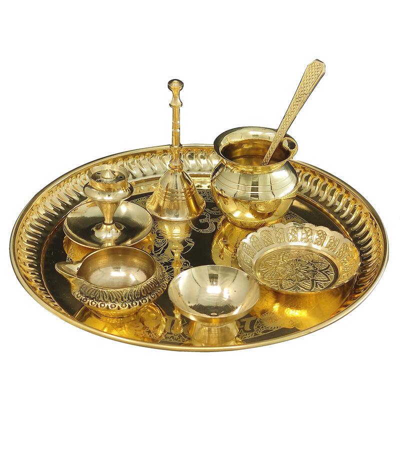 Bengalen Brass Pooja thali Set 8 Inch with Pital Plate Dhup Dan Kalash Spoon Ghanti Bowl Kuber Diya Kangura Plate Puja Thali for Diwali Home Mandir Office Wedding Return Gift Items