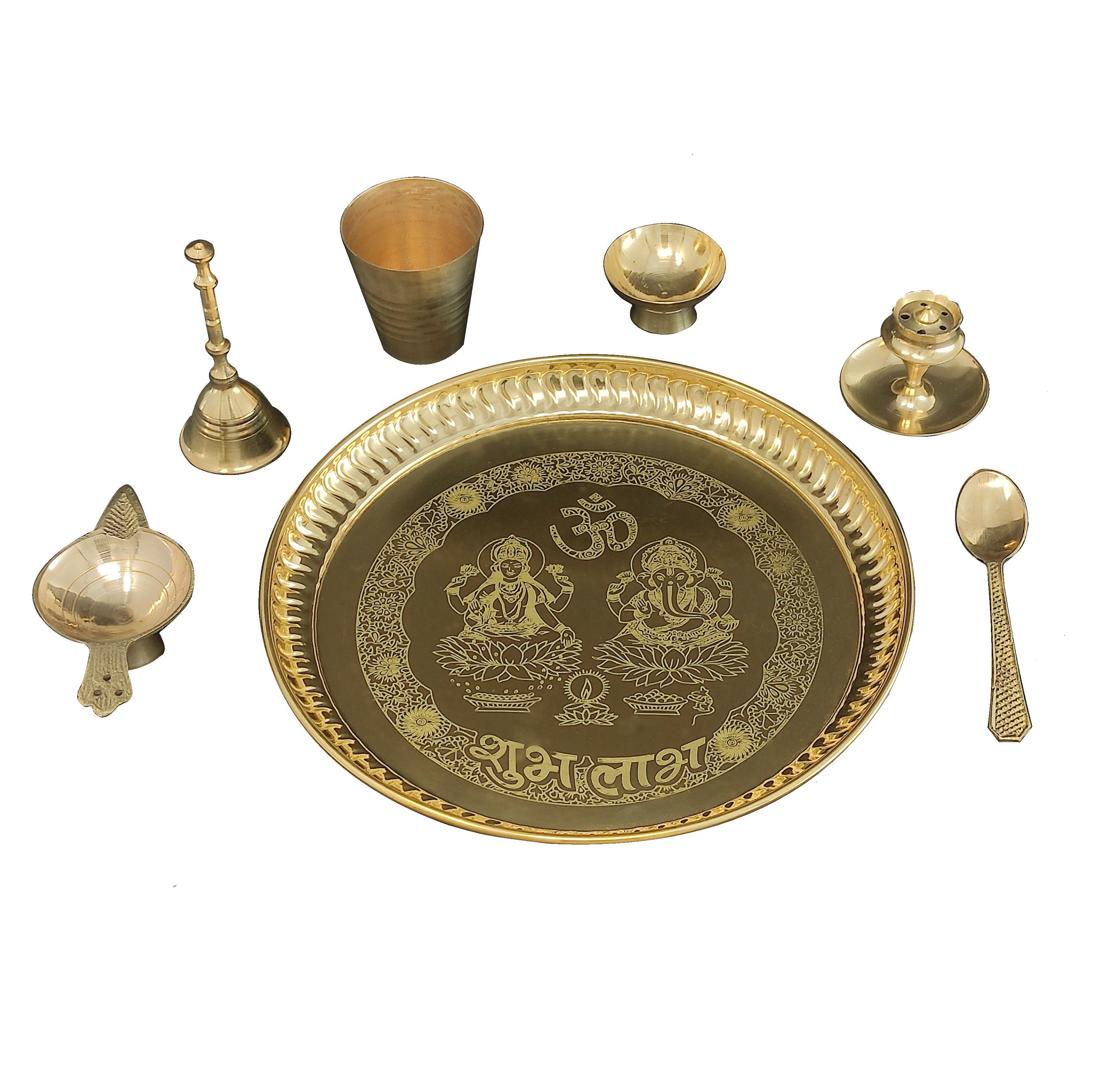 Bengalen Brass Pooja thali Set 8 Inch with Pital Plate Agarbatti Stand Glass Spoon Ghanti Bowl Diya Puja Thali for Diwali Home Mandir Office Wedding Return Gift Items