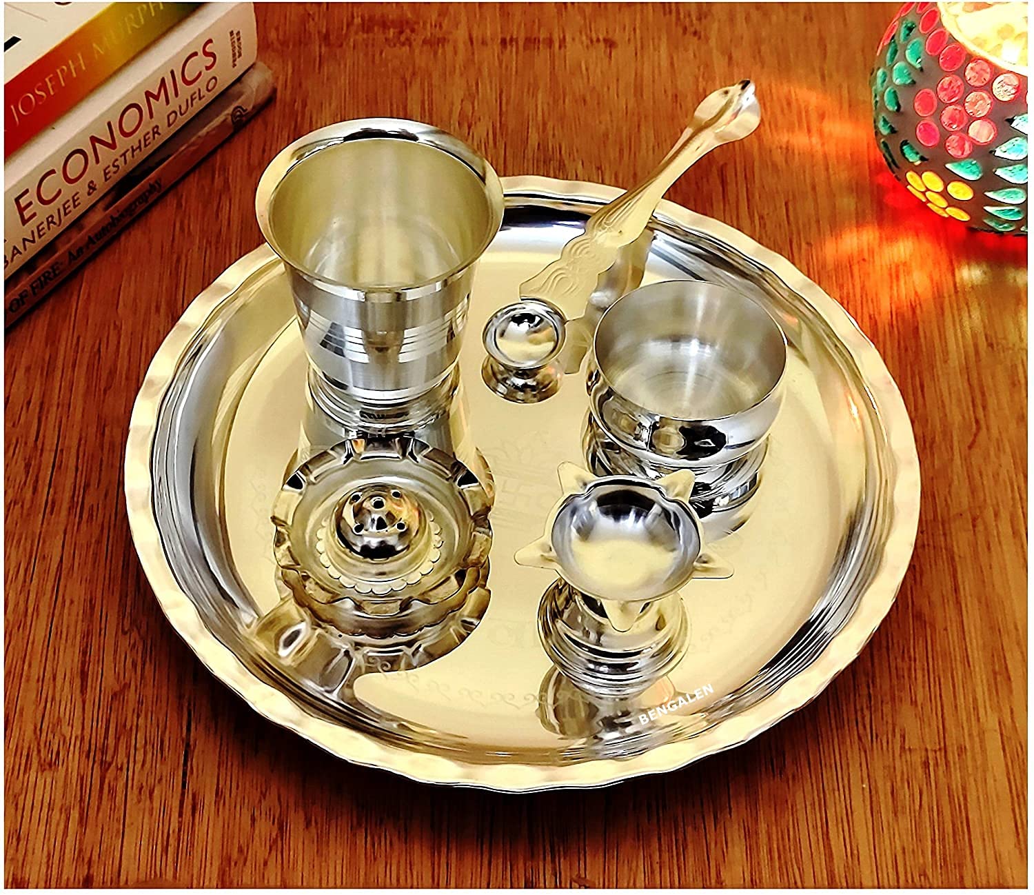 Bengalen Subh Labh Silver Plated Pooja thali Set 8 Inch for Mandir Temple Festival Puja Thali for Home, Office, Wedding Return Gift